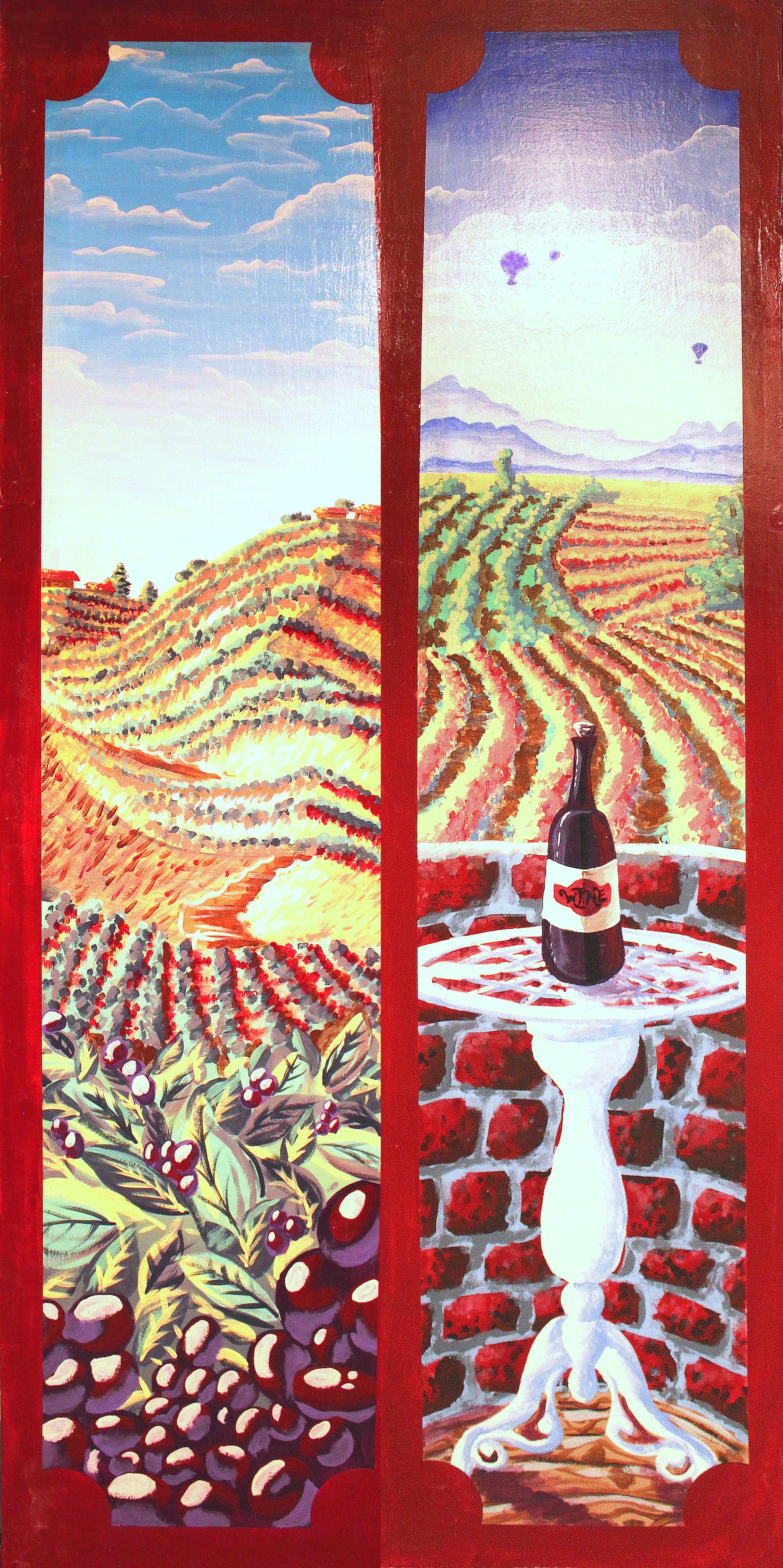 Painting divided into two sections. The left section shows a landscape of rolling, colorful vineyards under a blue sky with clouds and a setting or rising sun. The right section depicts more vineyards with hills and mountains in the background, a lar