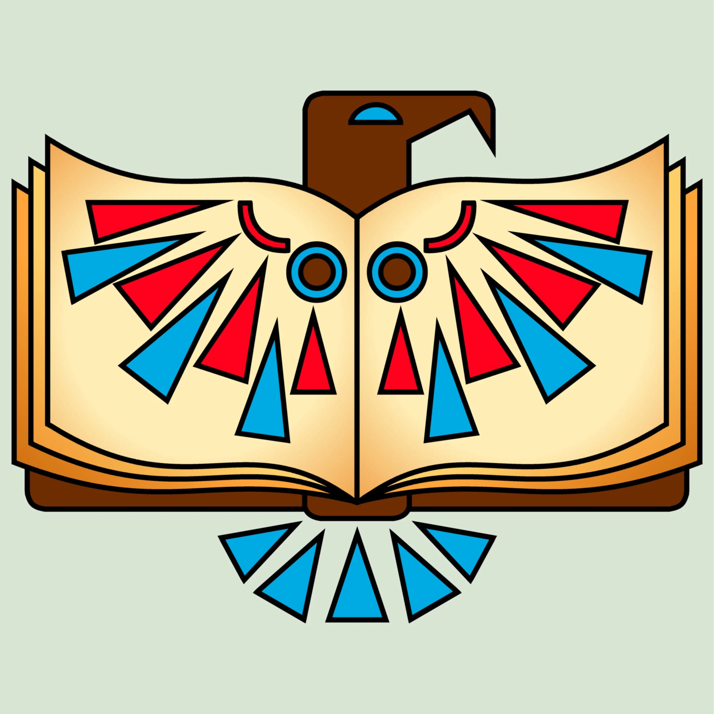 A colorful abstract geometric illustration resembling a butterfly with spread wings, featuring red, blue, yellow, white, and black elements on a light green background.