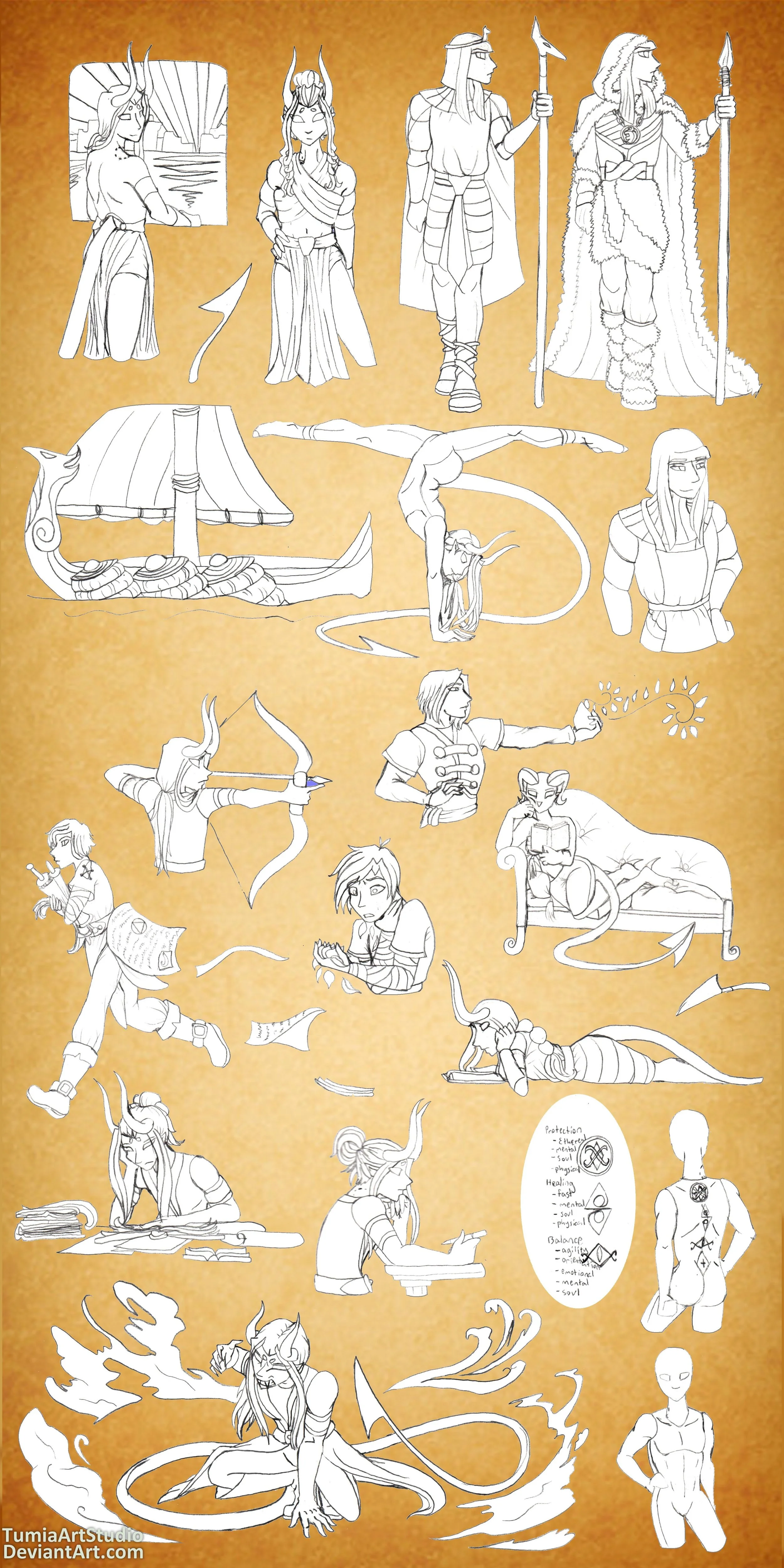 A collection of fantasy-themed character sketches featuring elves, dwarves, and mythical creatures, with some scenes depicting battle, magic, and everyday life, set against a textured background.