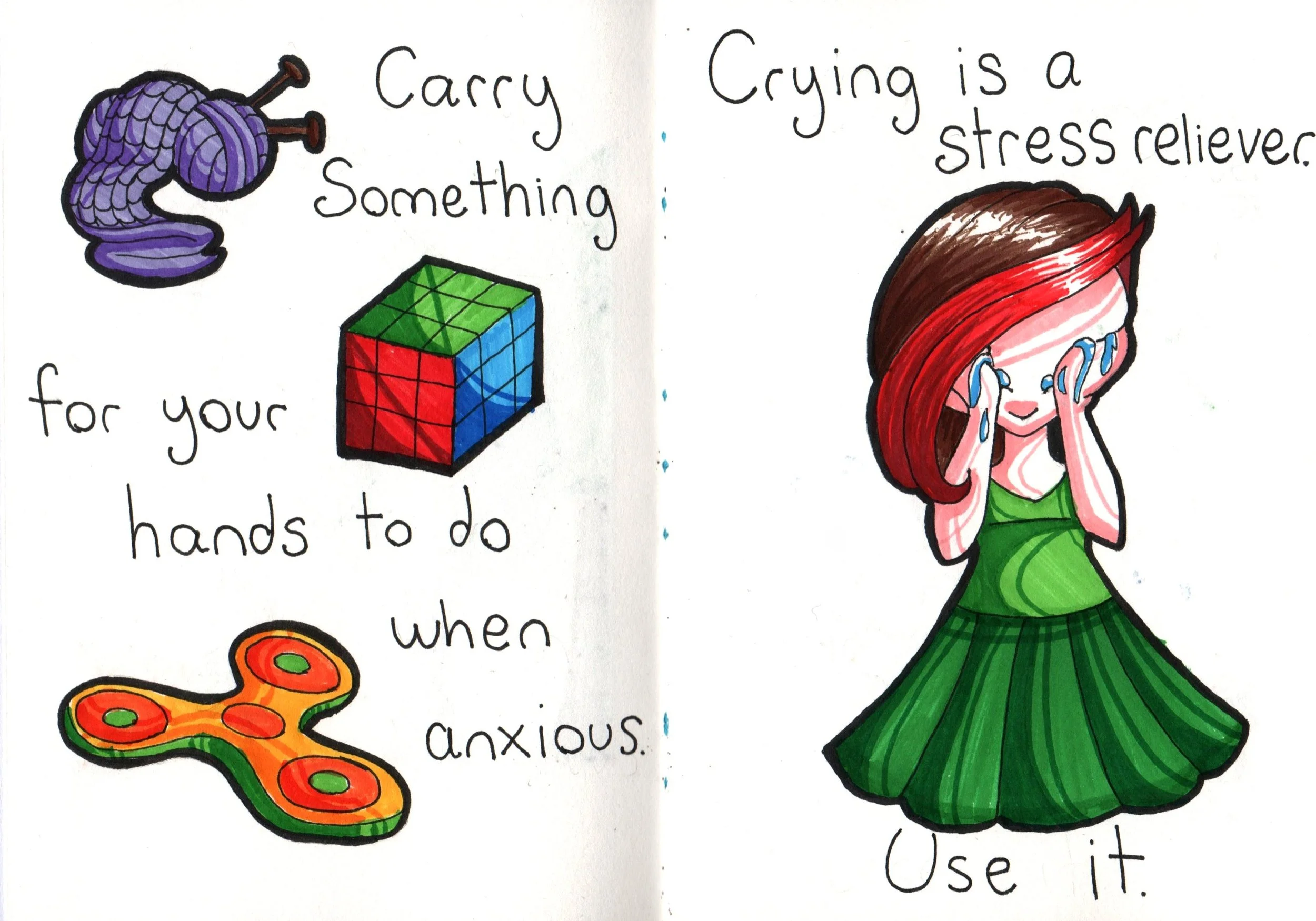 Hand-drawn illustration with text explaining that crying is a stress reliever and suggesting various activities to manage anxiety, including holding a ball of yarn, a Rubik's cube, a butterfly, and a girl crying with her hands covering her face.