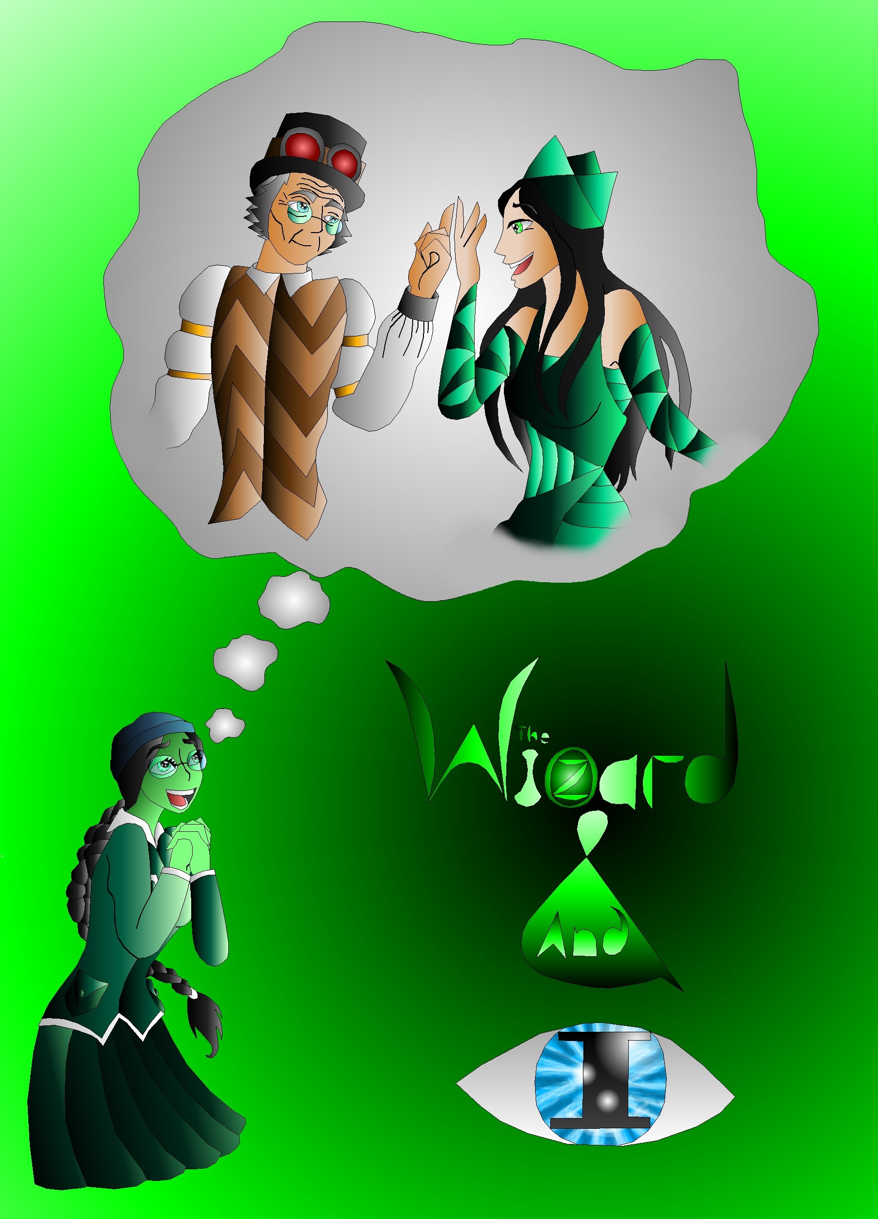 A cartoon drawing of two characters, one with glasses and a braid, looking excited, and the other wearing a green outfit and hat, smiling. Thought bubbles above show the same characters with different facial expressions and a 