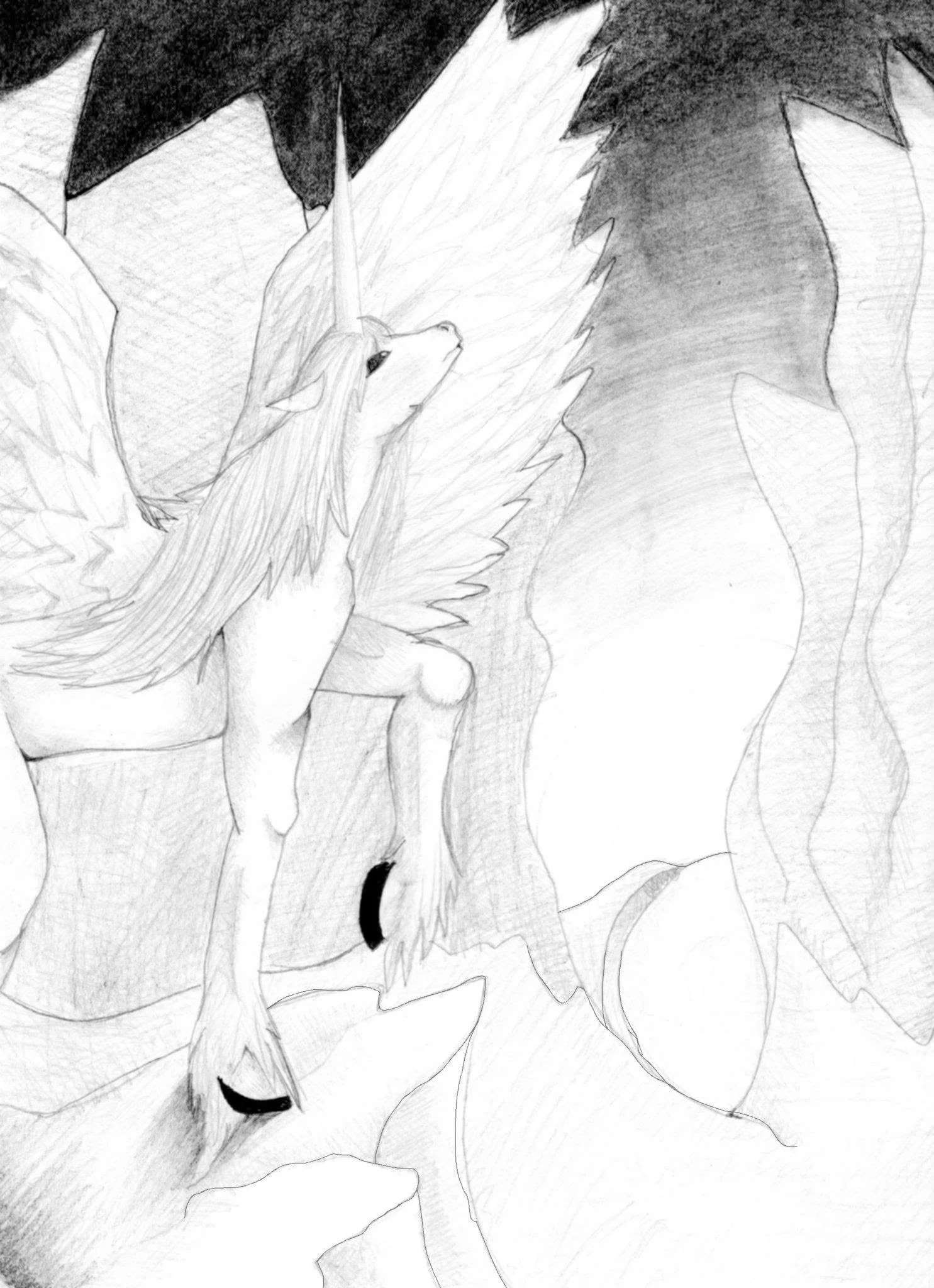 A pencil drawing of a woman hugging and kissing a dog inside a large, flower-like structure.