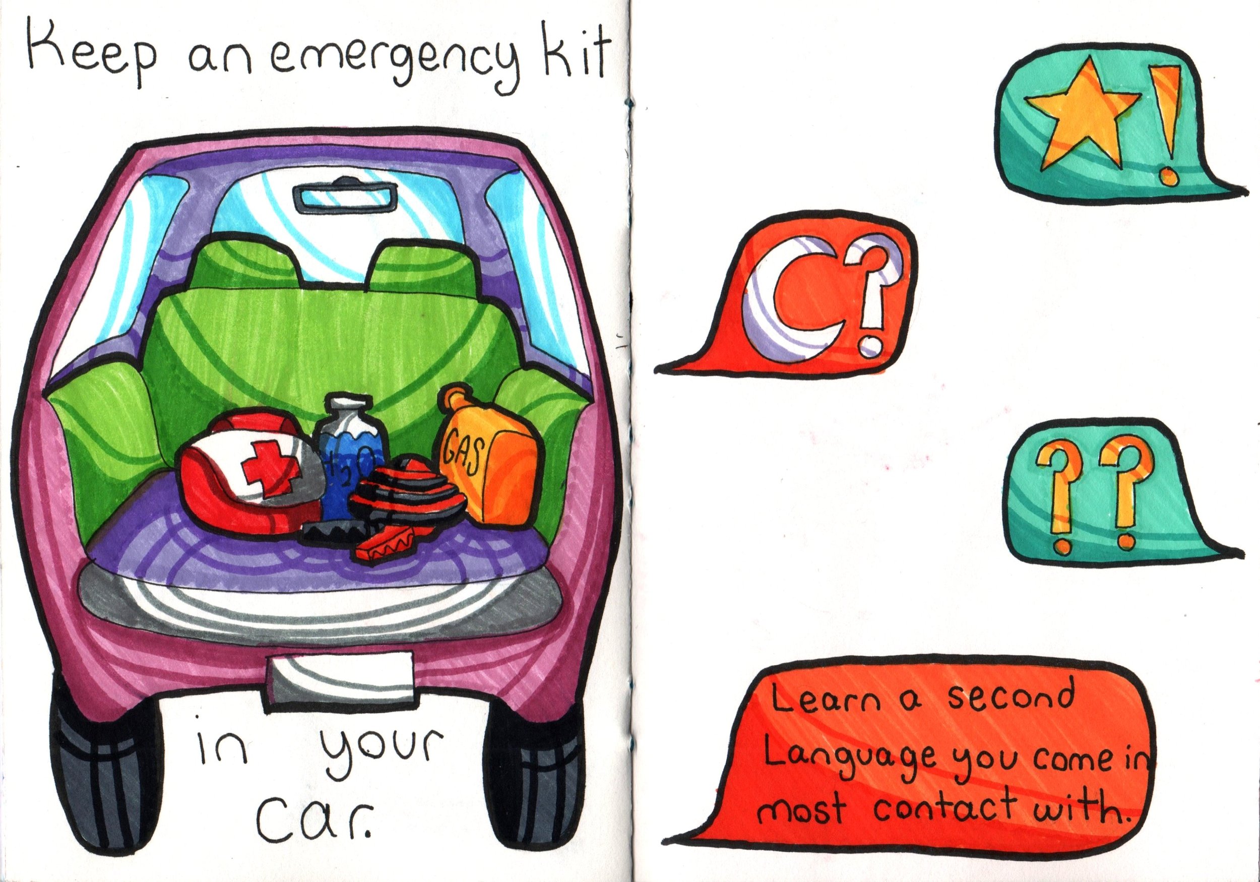 Illustration of an open car trunk containing a first aid kit, a gas can, a water bottle, and other emergency supplies. The image is part of a poster or guide about keeping an emergency kit in your car.
