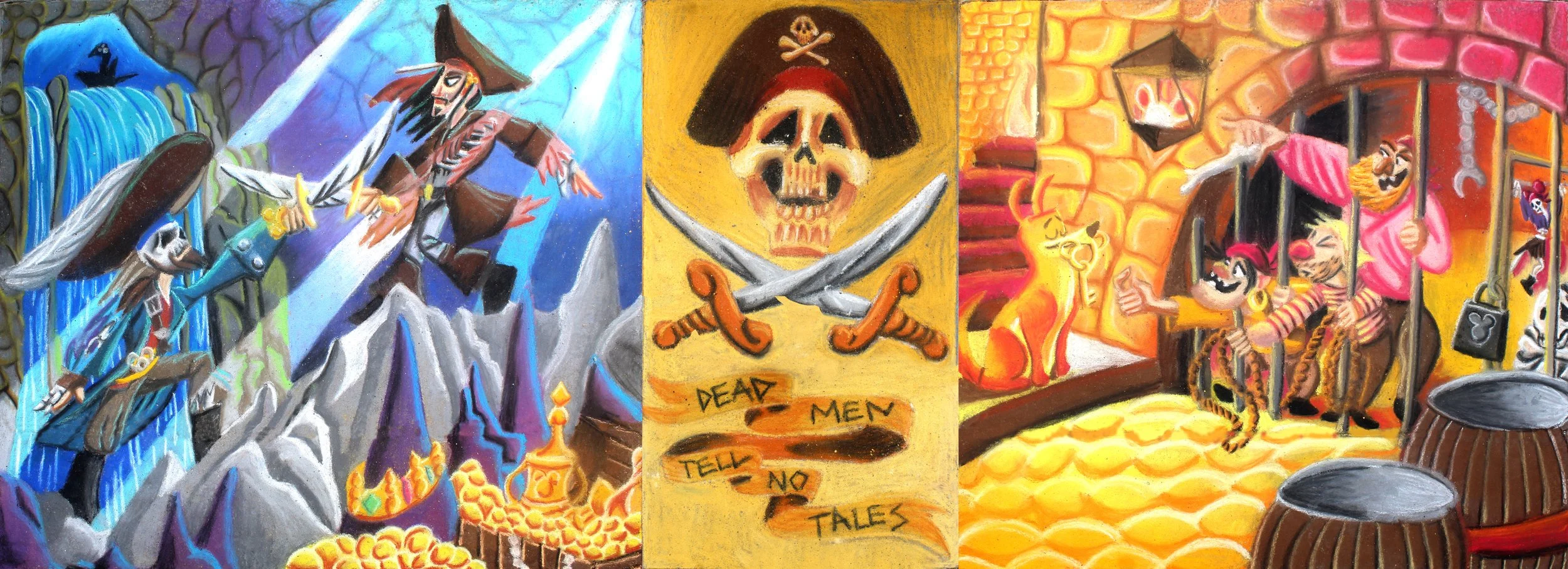 Colorful mural split into three panels depicting pirate themes. The left panel shows a pirate with a sword fighting a skeleton on a waterfall. The middle panel features a skull with crossed swords and the phrase "Dead Men Tell No Tales." The right pa