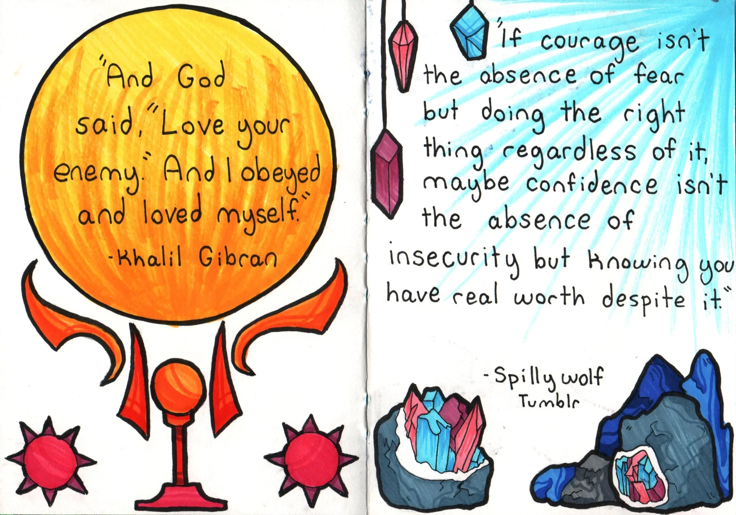 Colorful hand-drawn illustration featuring a quote about love and confidence, surrounded by crystals and abstract shapes.