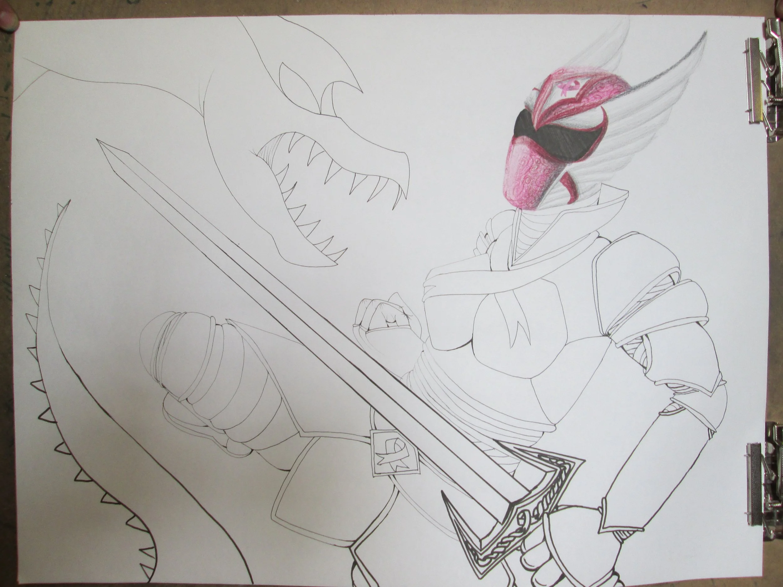 A partially colored drawing of a dragon and a warrior. The dragon's head and open mouth with sharp teeth are visible, while the warrior's face is covered by a large red and black helmet with wings, and he holds a sword.