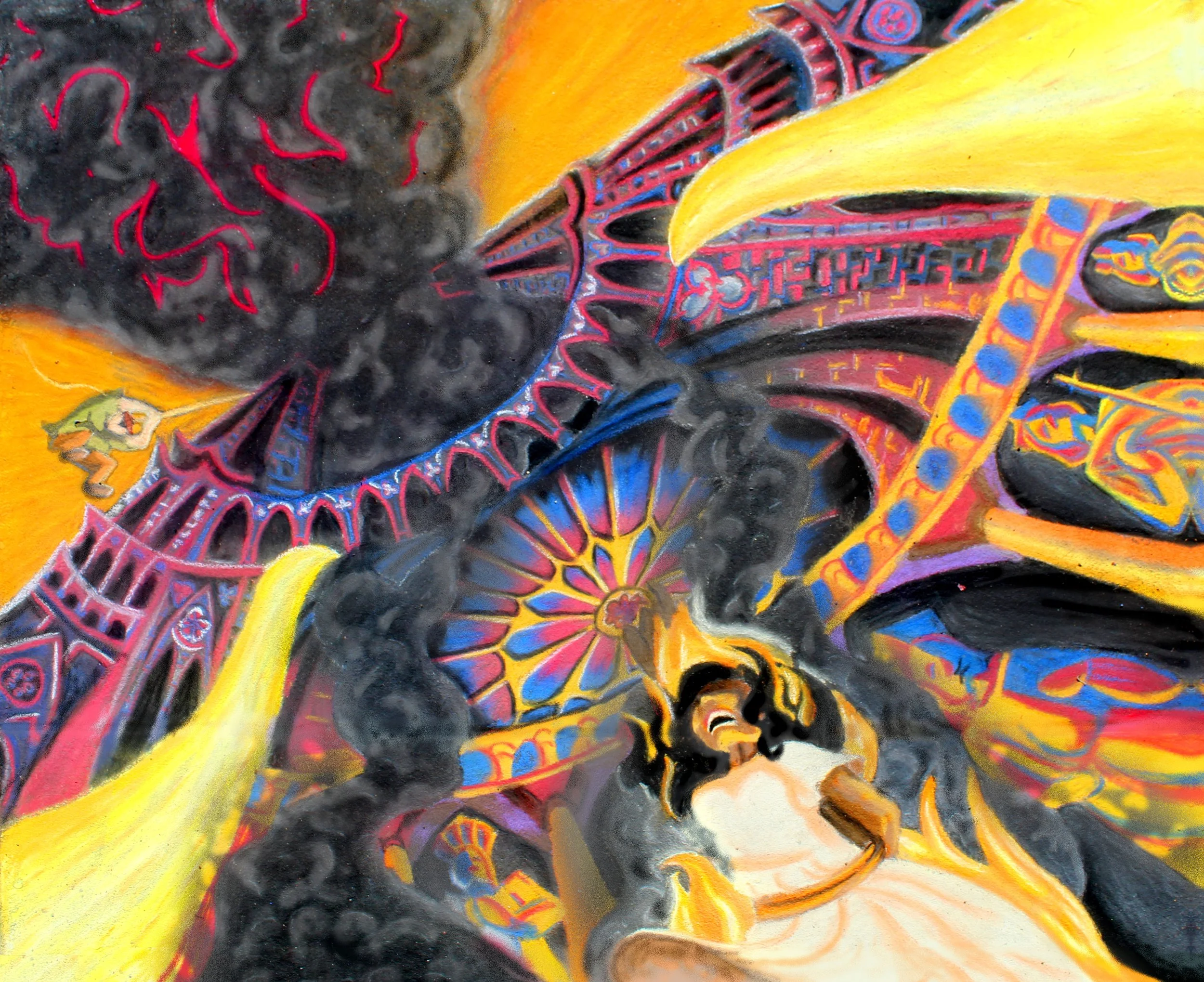Close-up of a colorful abstract painting featuring swirling patterns, bright yellow and orange hues, and intricate details in blue, red, and black.
