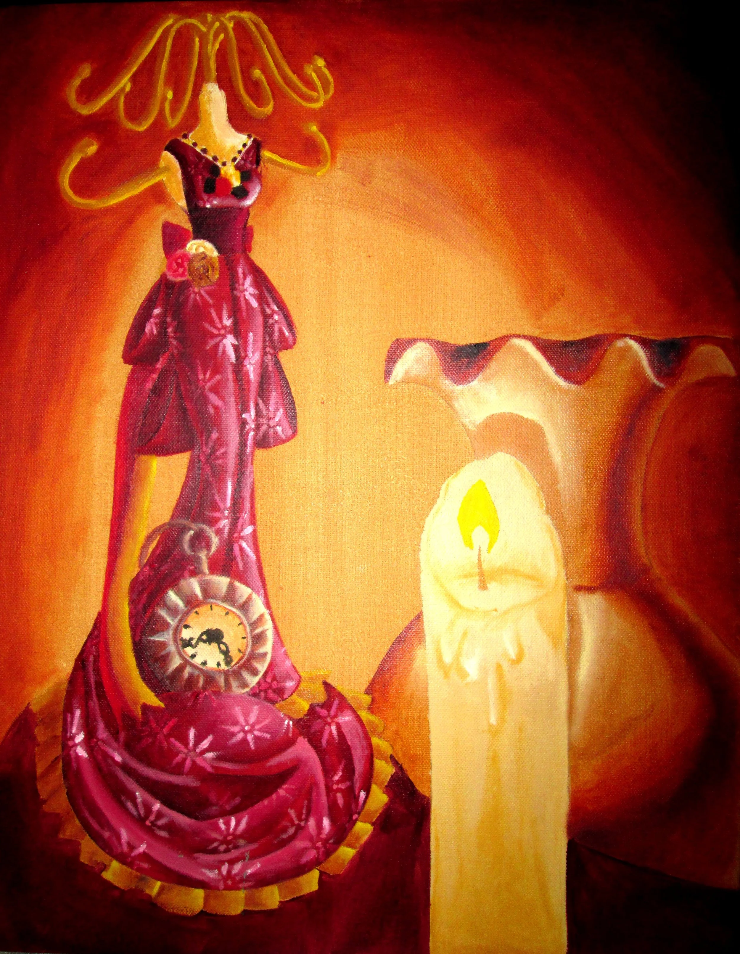 Painting of a woman in a pink dress with floral patterns, holding a pocket watch, standing next to a glowing candle.