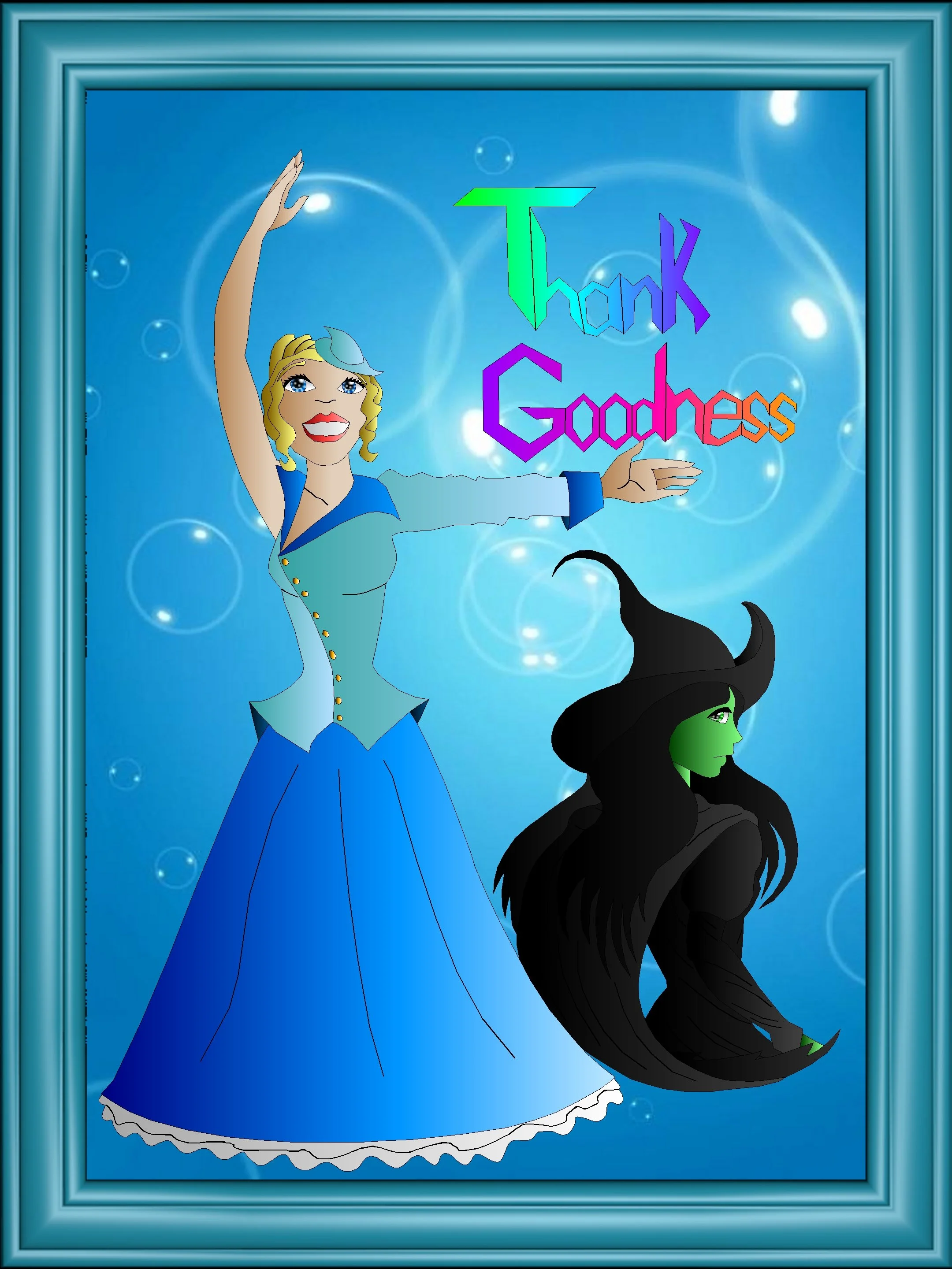 Animated woman with blonde curly hair wearing a blue dress and a blue hat, reaching upward with a smile, with the words 'Thank Gness' in colorful 3D text behind her, set against a blue background with floating bubbles and a decorative blue frame.