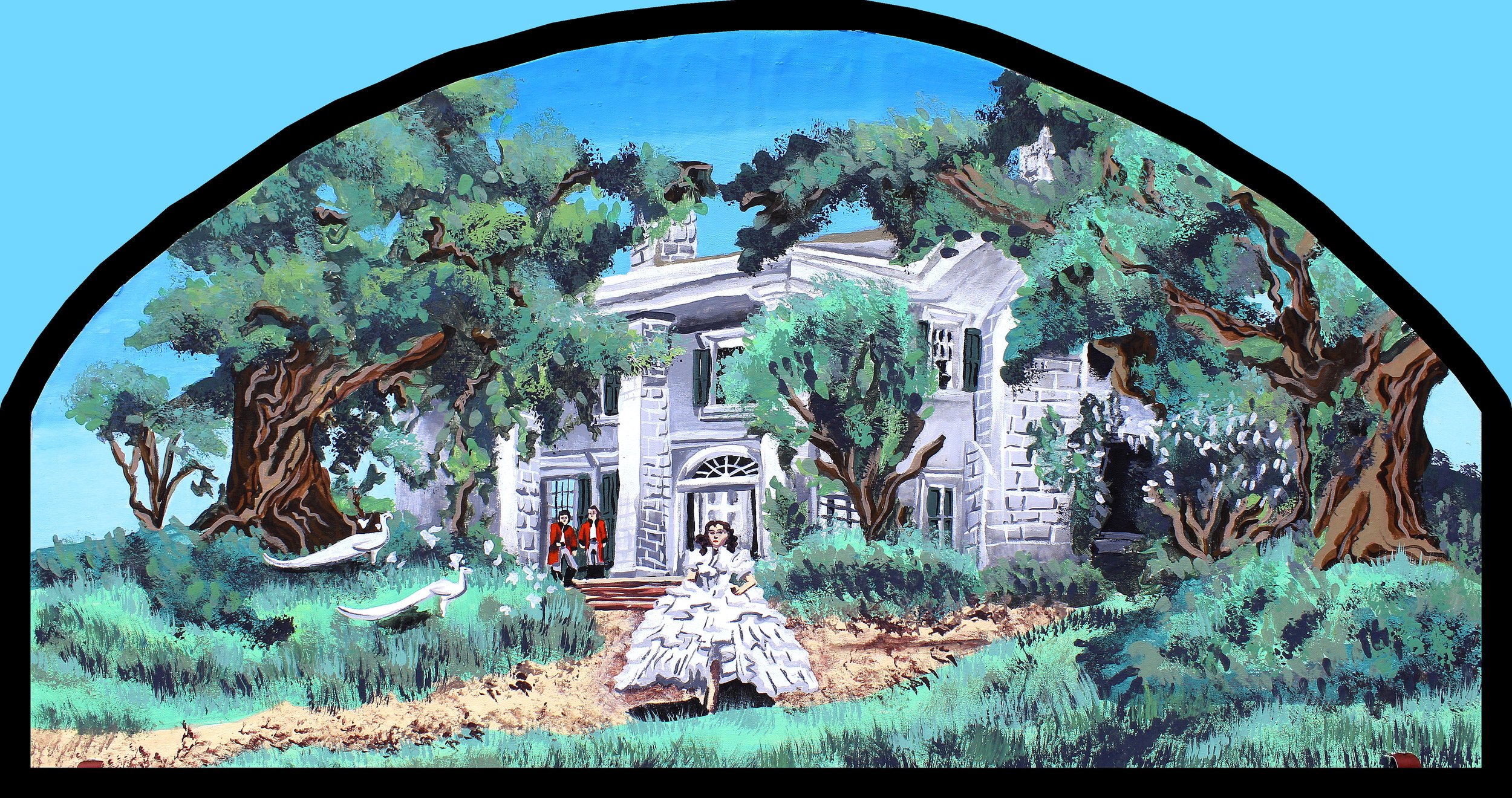 Painting of a large white house surrounded by green trees and grass. Two women in white dresses sit on the front steps, and three people stand nearby. Swans and other birds are in the garden, under a clear blue sky.