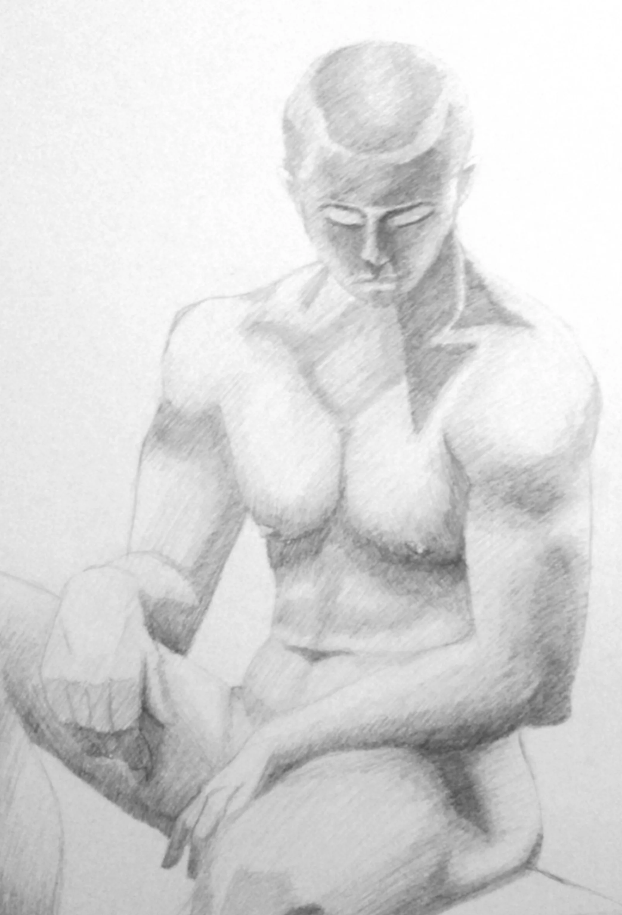 A pencil sketch of a woman with short hair, wearing a top with rolled-up sleeves, and looking downward with her arms crossed.