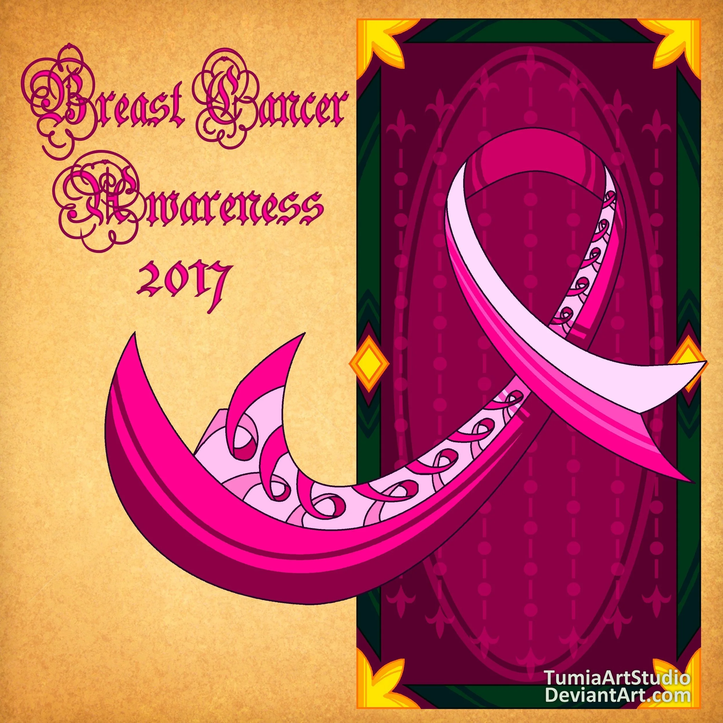 A colorful digital illustration with the text 'Breast Cancer Awareness 2017' in decorative pink font on a tan background on the left, and a stylized pink ribbon symbol on the right, set within a decorated border.