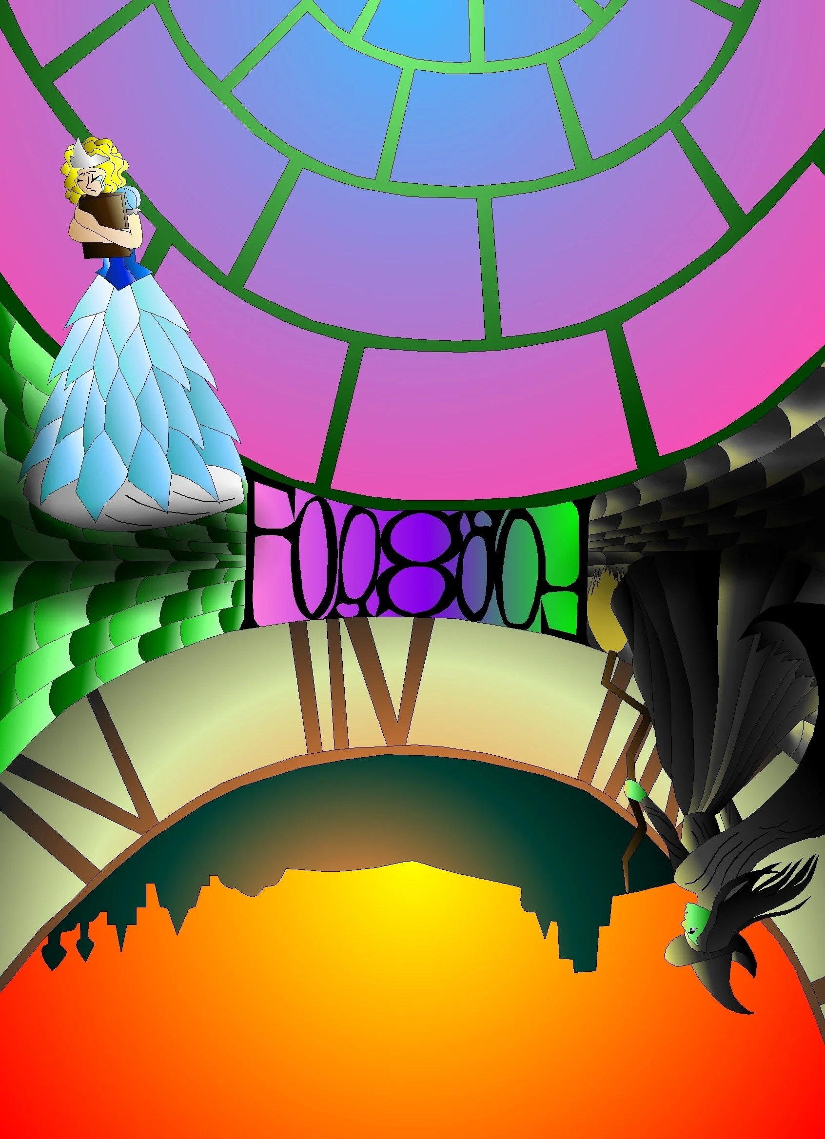Colorful, abstract cityscape silhouette overlayed with a circular, stained glass window pattern with green outlines, and a comic-style illustration of a woman with long black hair, wearing a green outfit, holding a microphone, with a sunset or sunris
