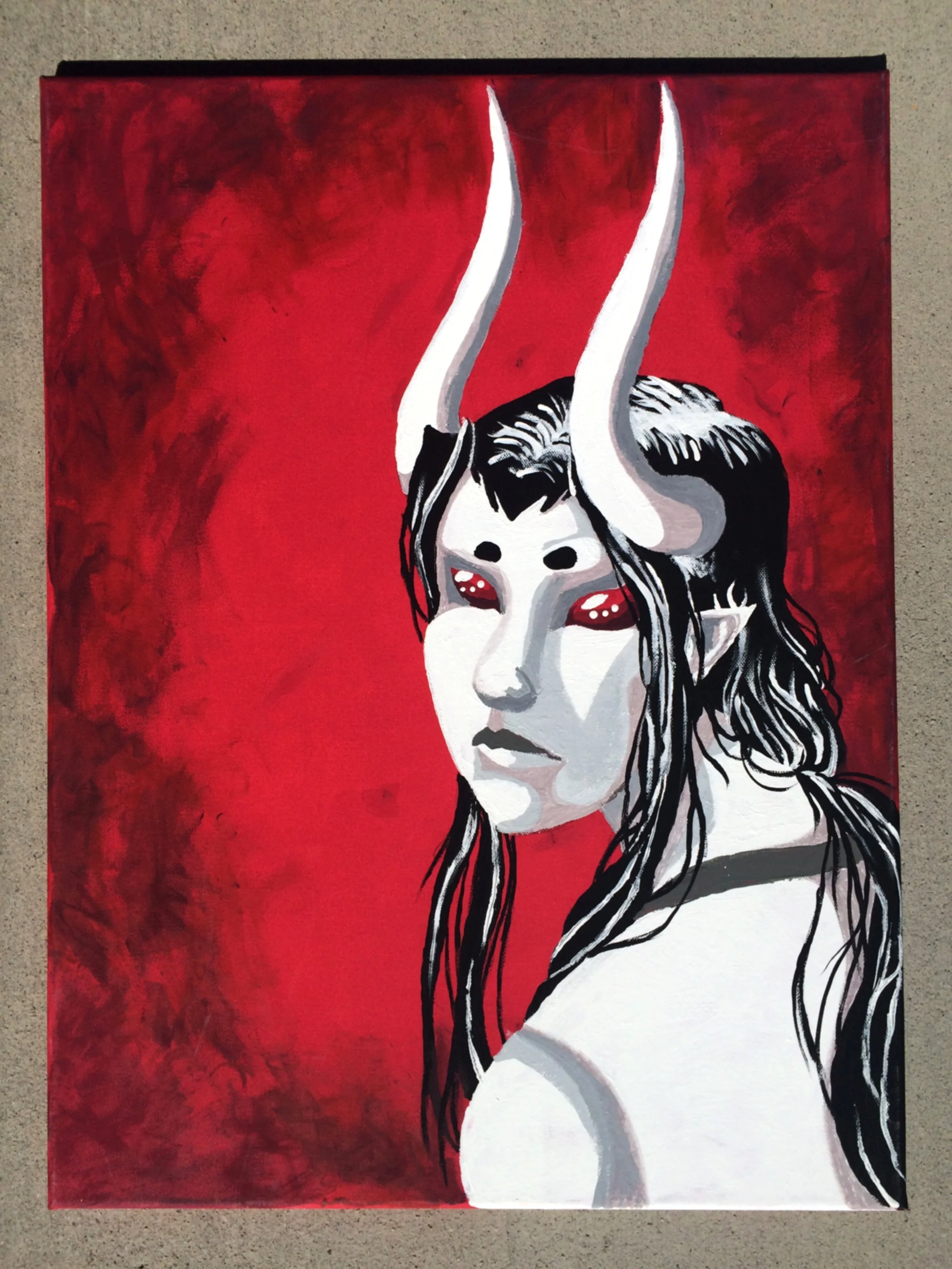 A painting of a woman with long black hair, white face and red makeup lips, having large white horns, against a red background.