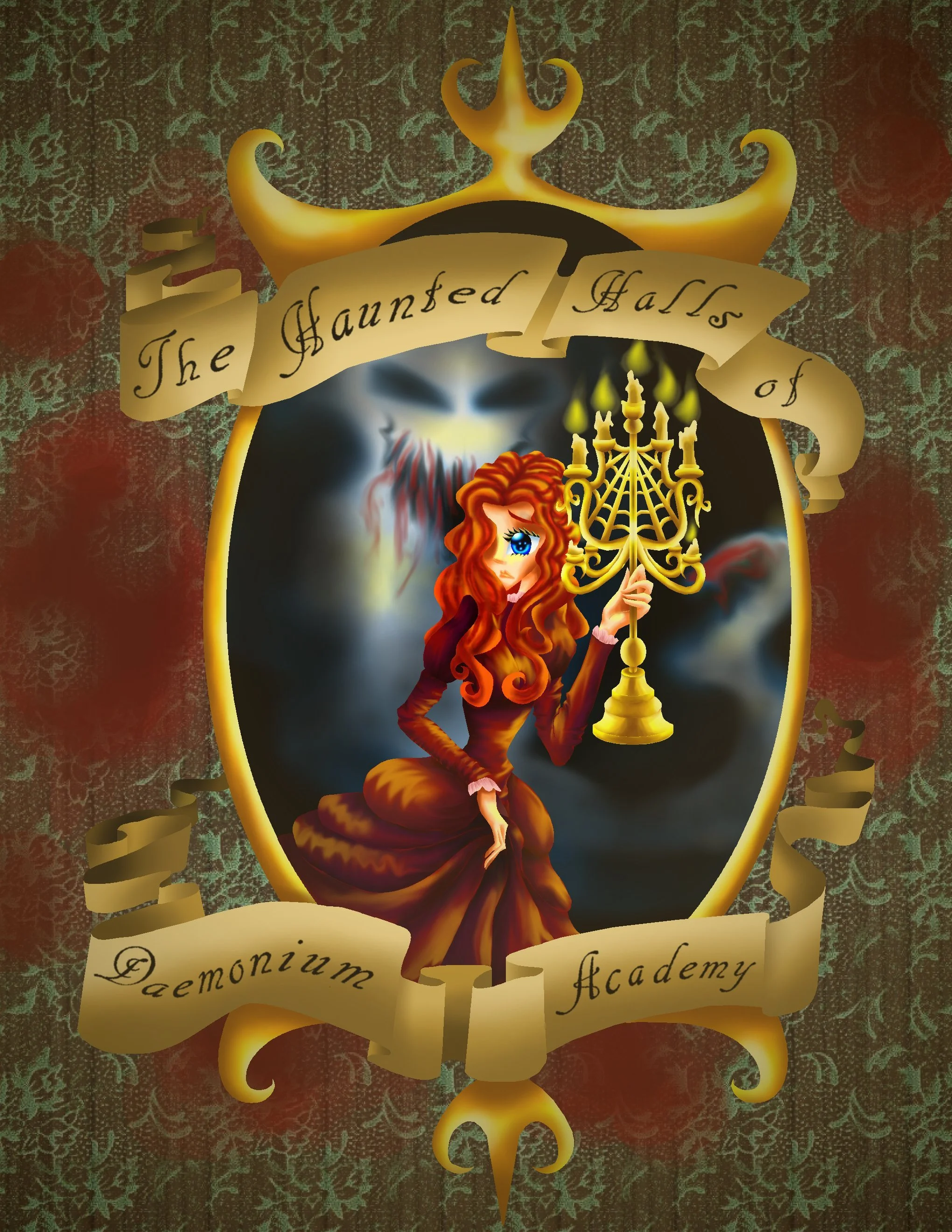 A decorative dark background with a red and green textured pattern, featuring a central illustration of a young woman with long, curly red hair and a fox tail, holding a golden ornate key, with the text 'The Haunted Halls of Daemonium Academy' on a r