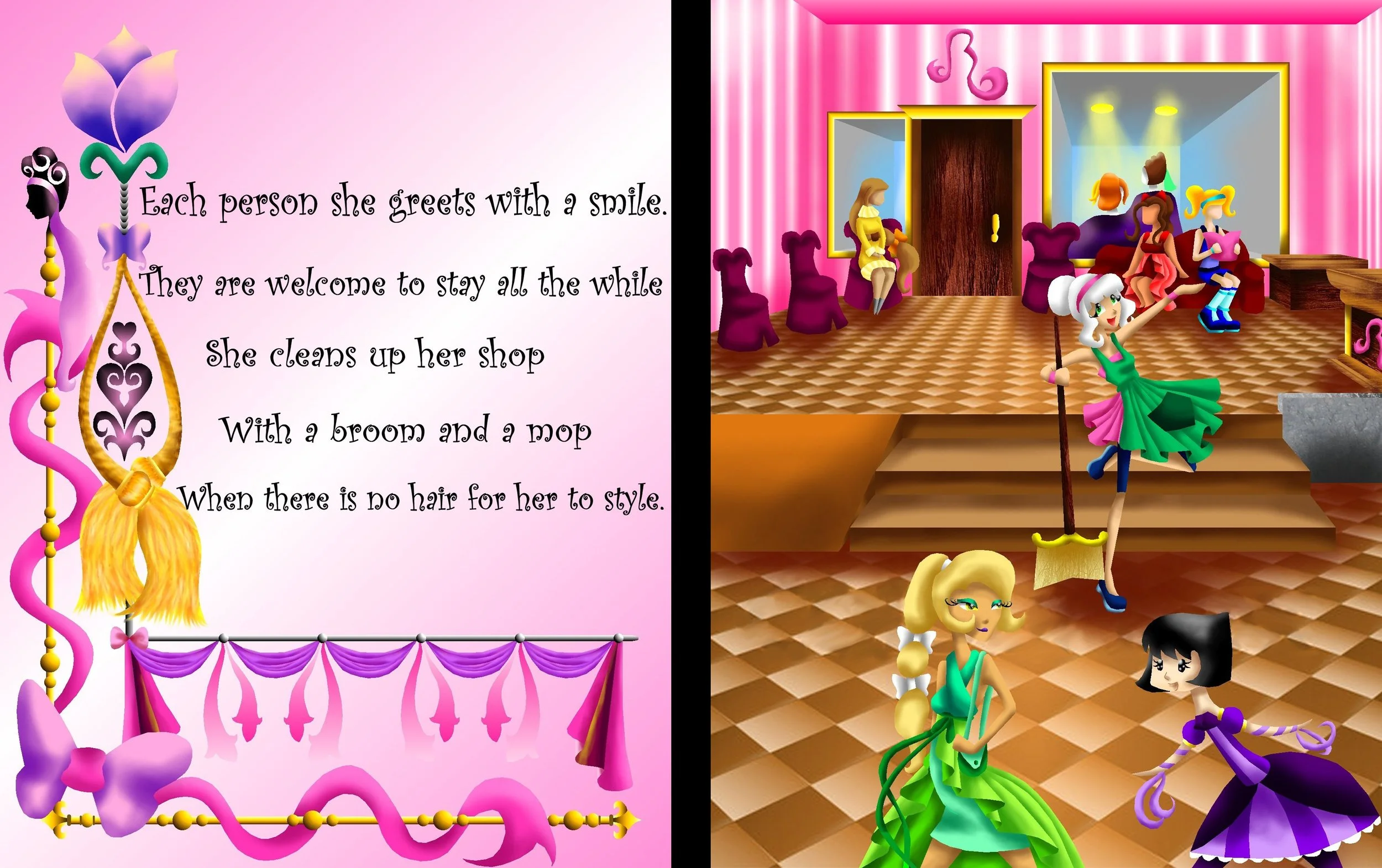 A colorful animated scene of a princess getting ready in a pink-themed dressing room filled with princess dolls, with a royal setting including a mirror, a woman, and princess dolls in dresses.