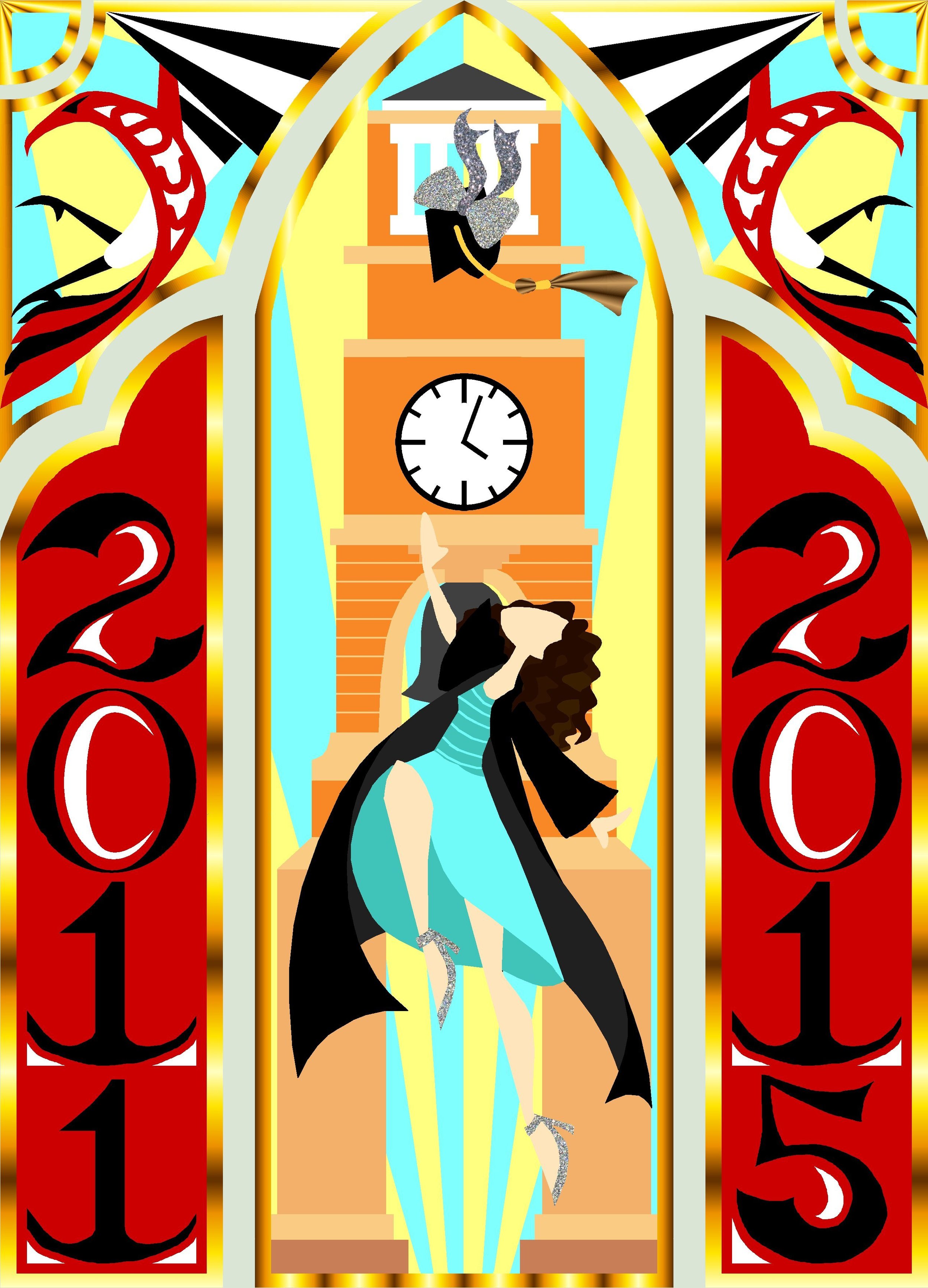 Colorful abstract illustration with two large red numbers '2023' on each side, a central clock showing 12:05, and a stylized dancing woman in a black coat, striped dress, silver shoes, and with long curly hair, surrounded by dynamic shapes and patter