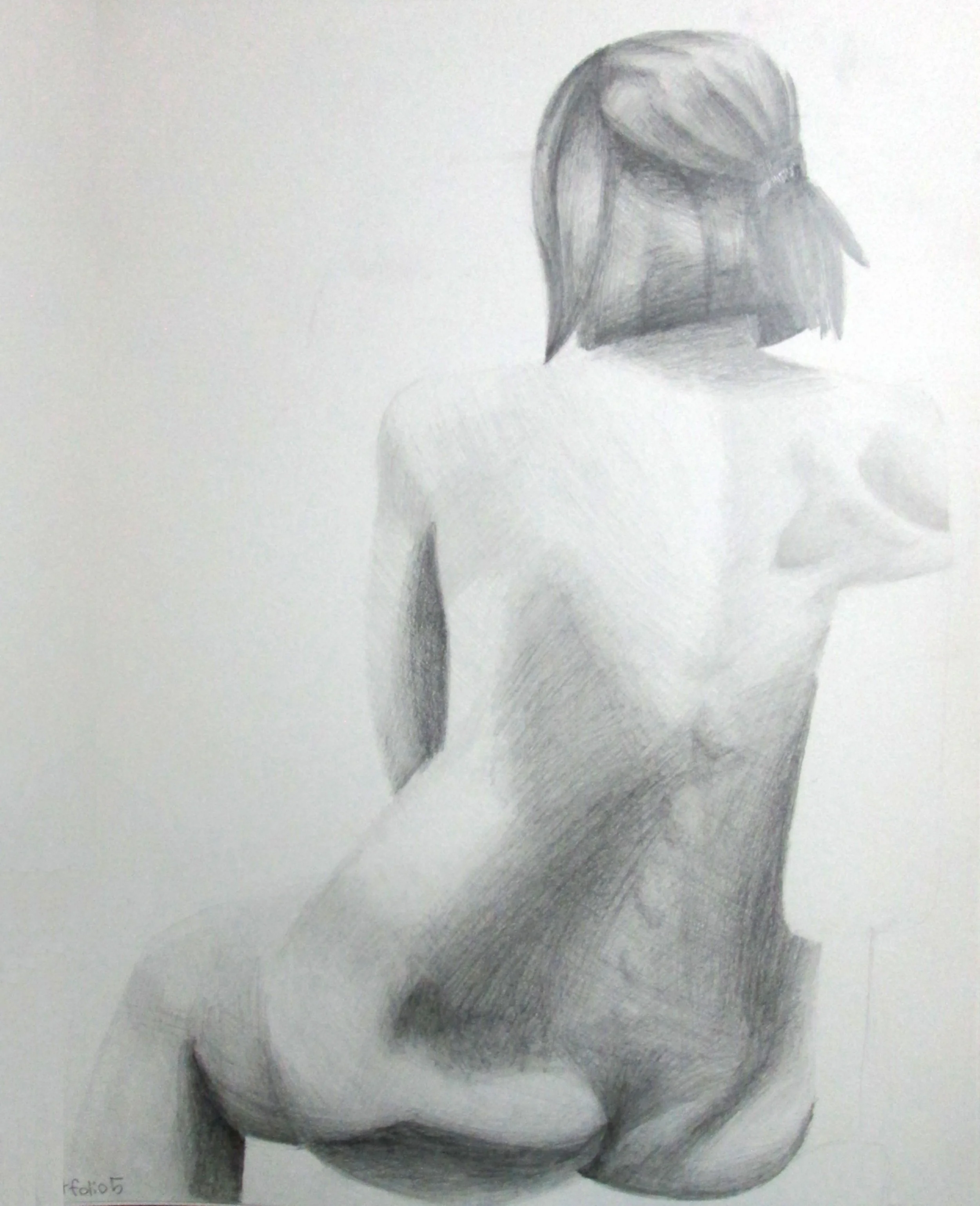 A graphite pencil drawing of a woman's face with short hair, slight shading, and a minimal background.