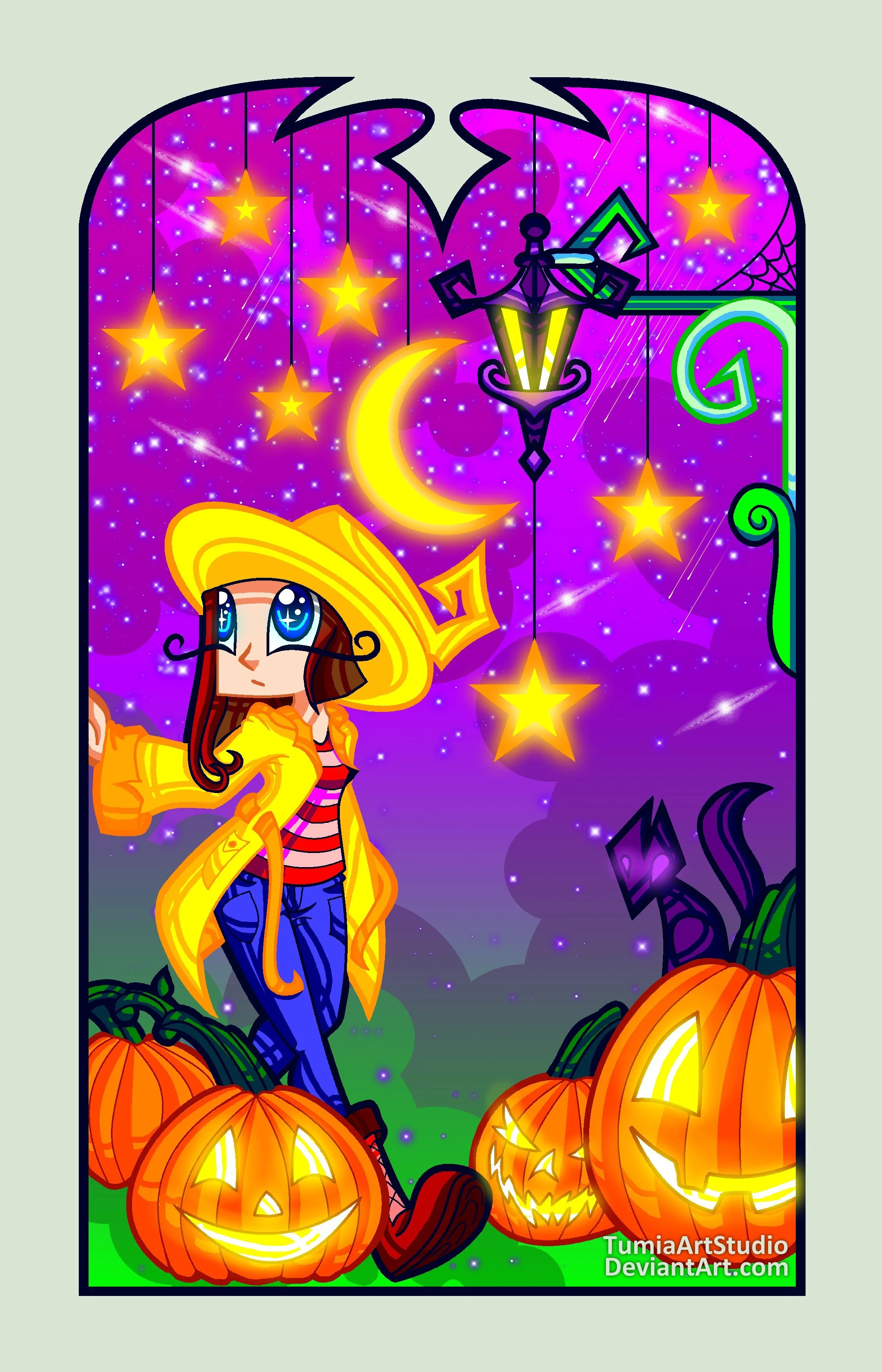 A cartoon-style illustration of a girl with long brown hair wearing a large yellow witch hat, a yellow cape, and a striped shirt, standing among glowing jack-o'-lanterns with carved faces, with a purple starry sky, crescent moon, and hanging stars in