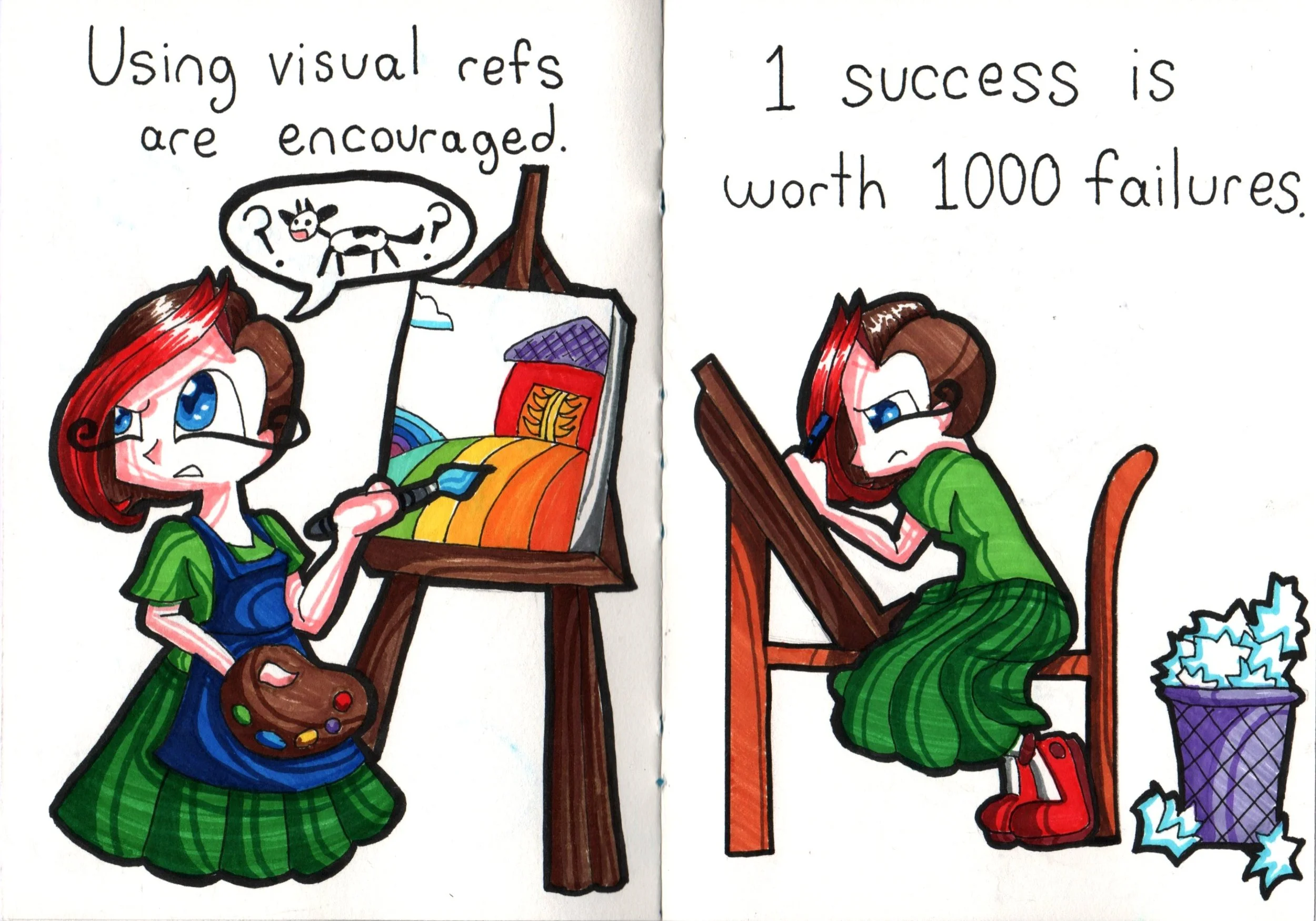 Drawing of a girl with red hair and blue eyes, holding a paintbrush and palette, and another girl with brown hair and glasses, writing on a notepad, with text encouraging using visual references for success.