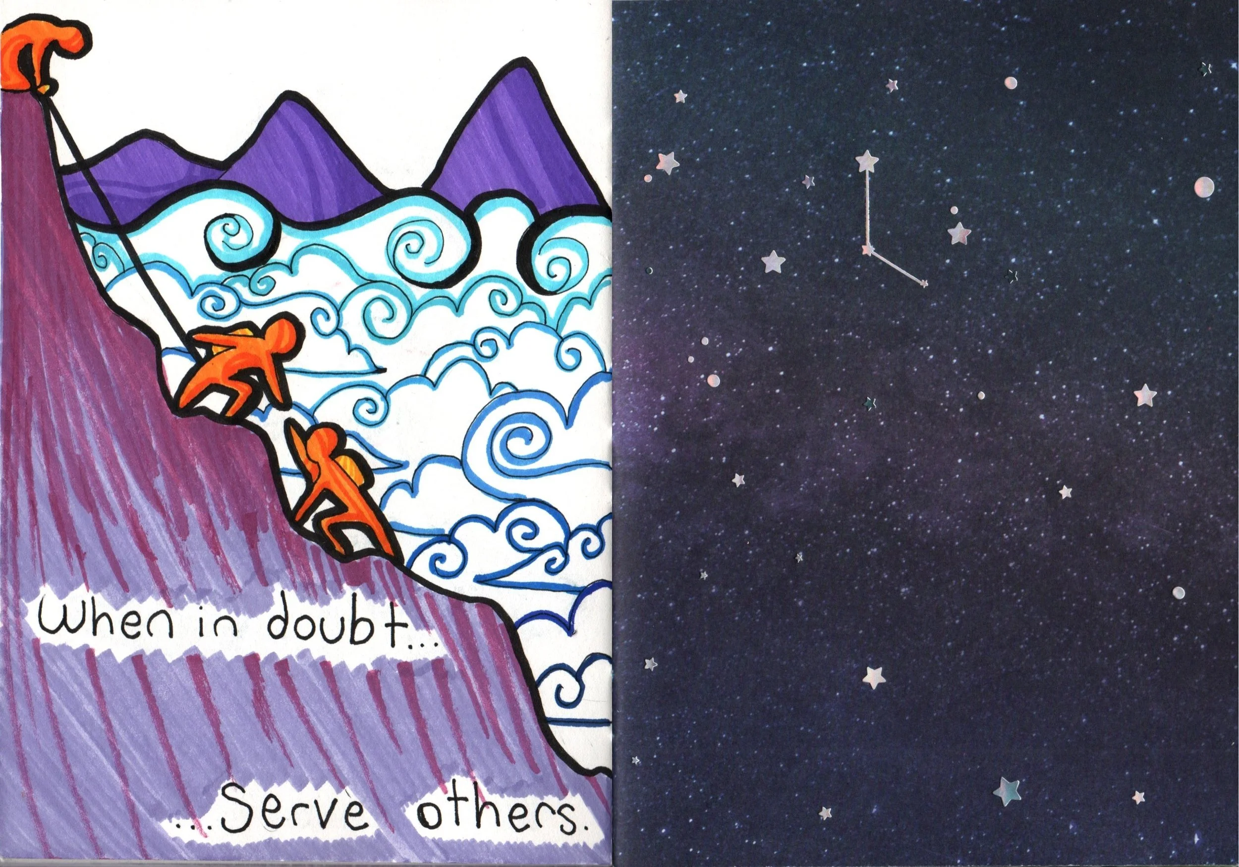 A split image with a drawing of a mountain and ocean scene on the left and a starry night sky with stars and a constellation on the right.