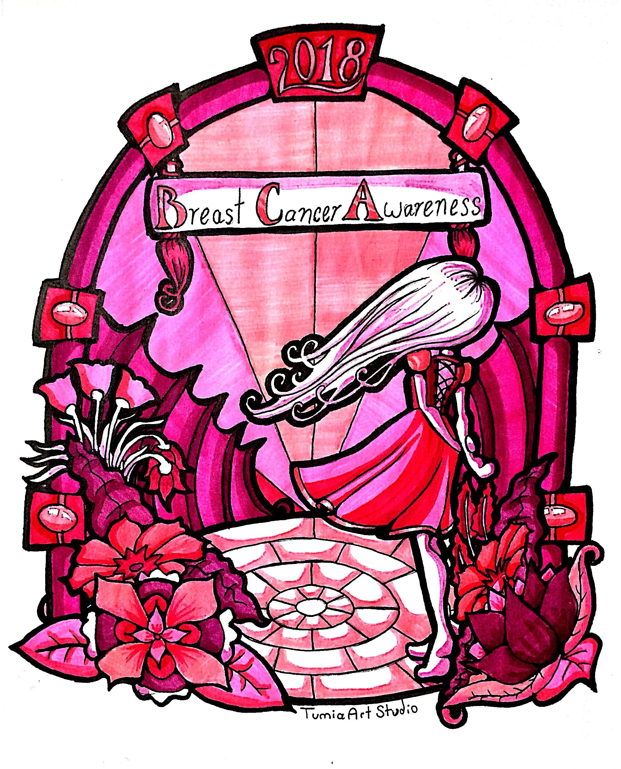 Colored illustration featuring a pink and red makeup chair decorated with flowers and the words 'Breast Cancer Awareness' and '2018' at the top. The chair has floral and decorative black outlines, drawn in a stylized, artistic manner.