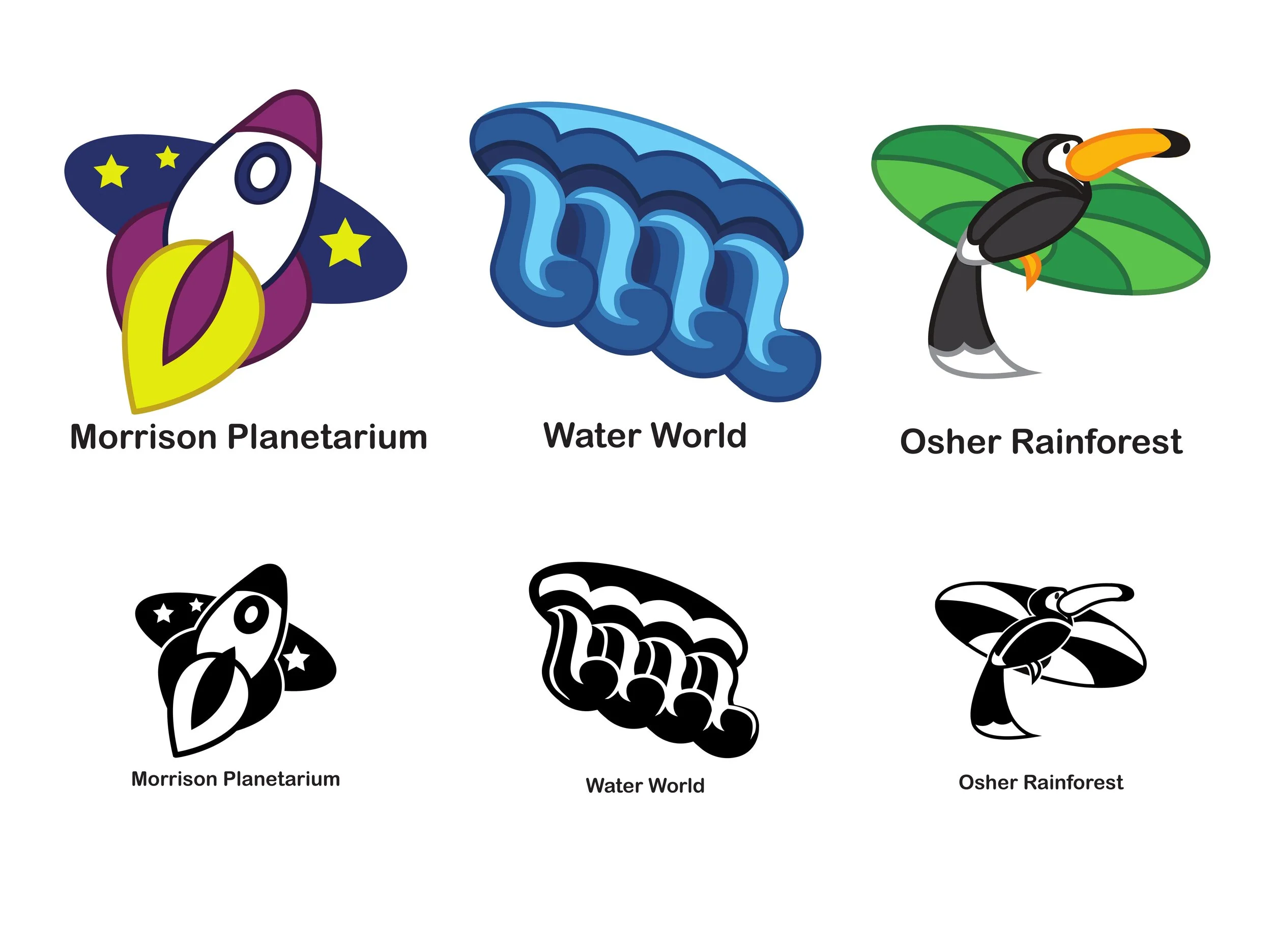 Colorful illustration of a rocket, water wave, and toucan with leaves, labeled as Morrison Planetarium, Water World, and Osher Rainforest.
