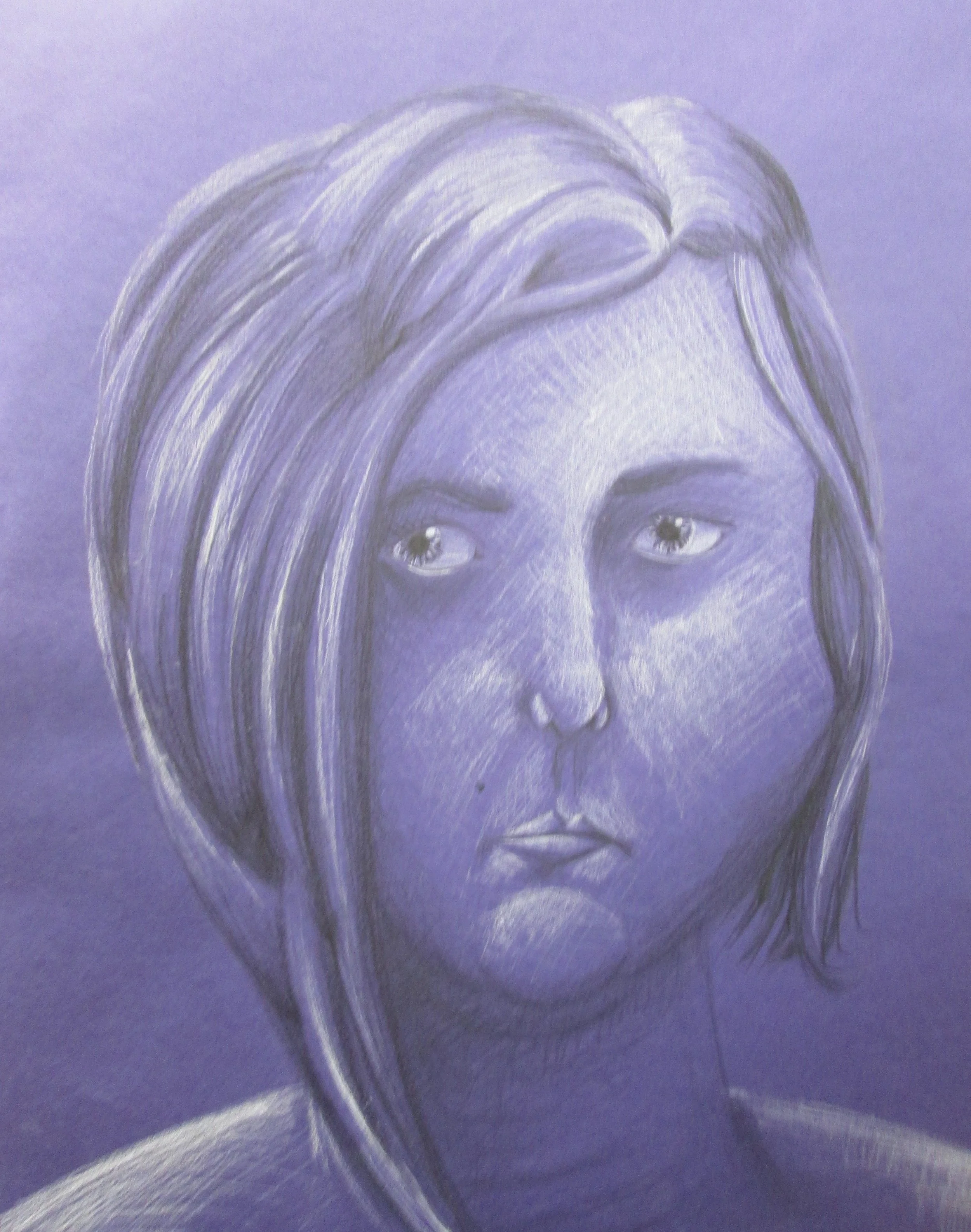 A pencil sketch of a woman's face with long hair on a purple background.