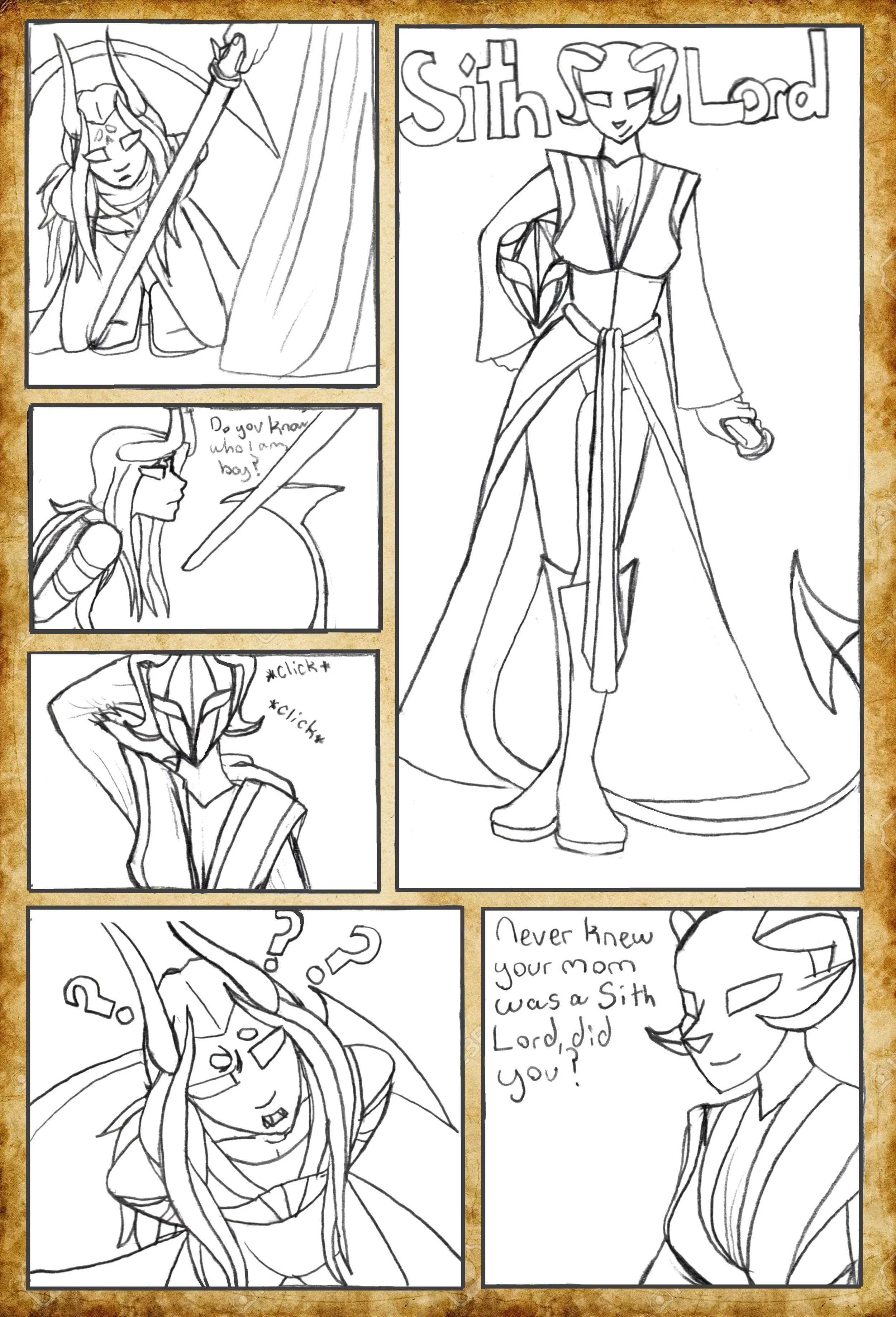 A comic strip featuring a character with horns and long hair dressed as a Sith Lord. The character is shown in various poses, including holding a lightsaber and interacting with another character, with speech bubbles asking questions about identity a