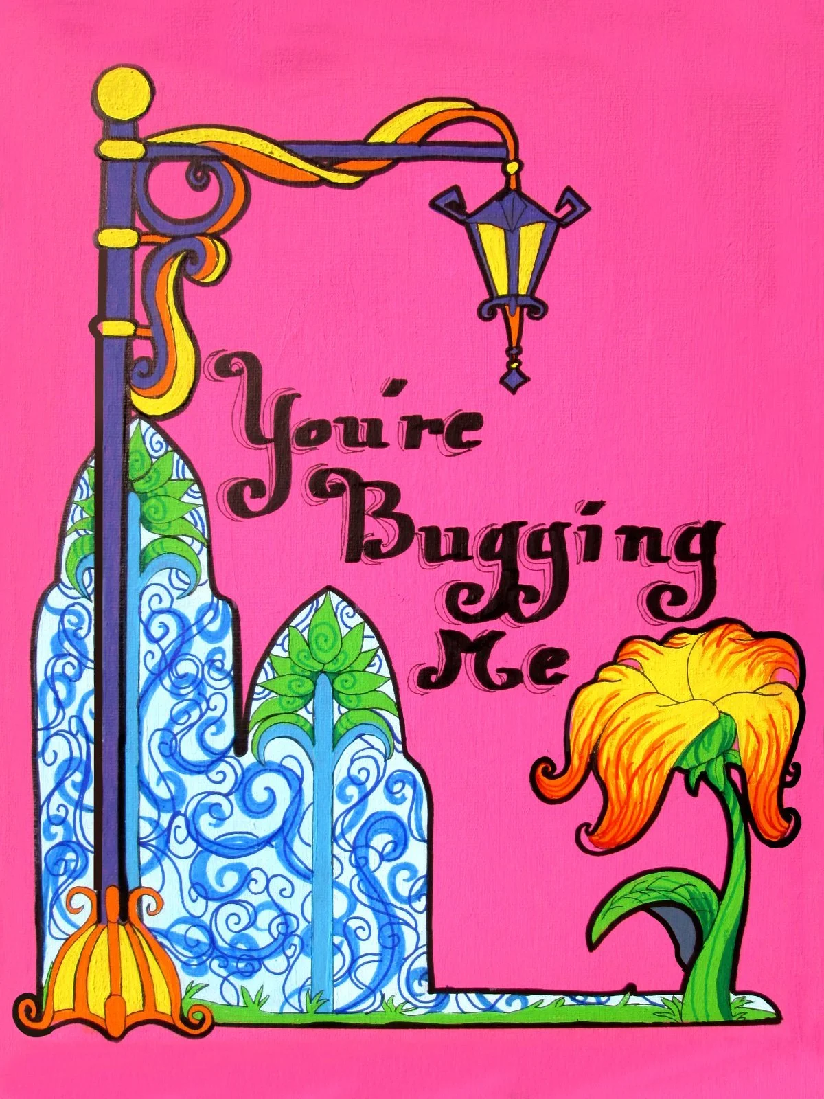 Colorful illustration with a pink background, featuring a decorative lamp post, a large yellow-orange flower, and stylized green and blue mountains with swirling patterns. Text in black says, "You're Buzzing Me."