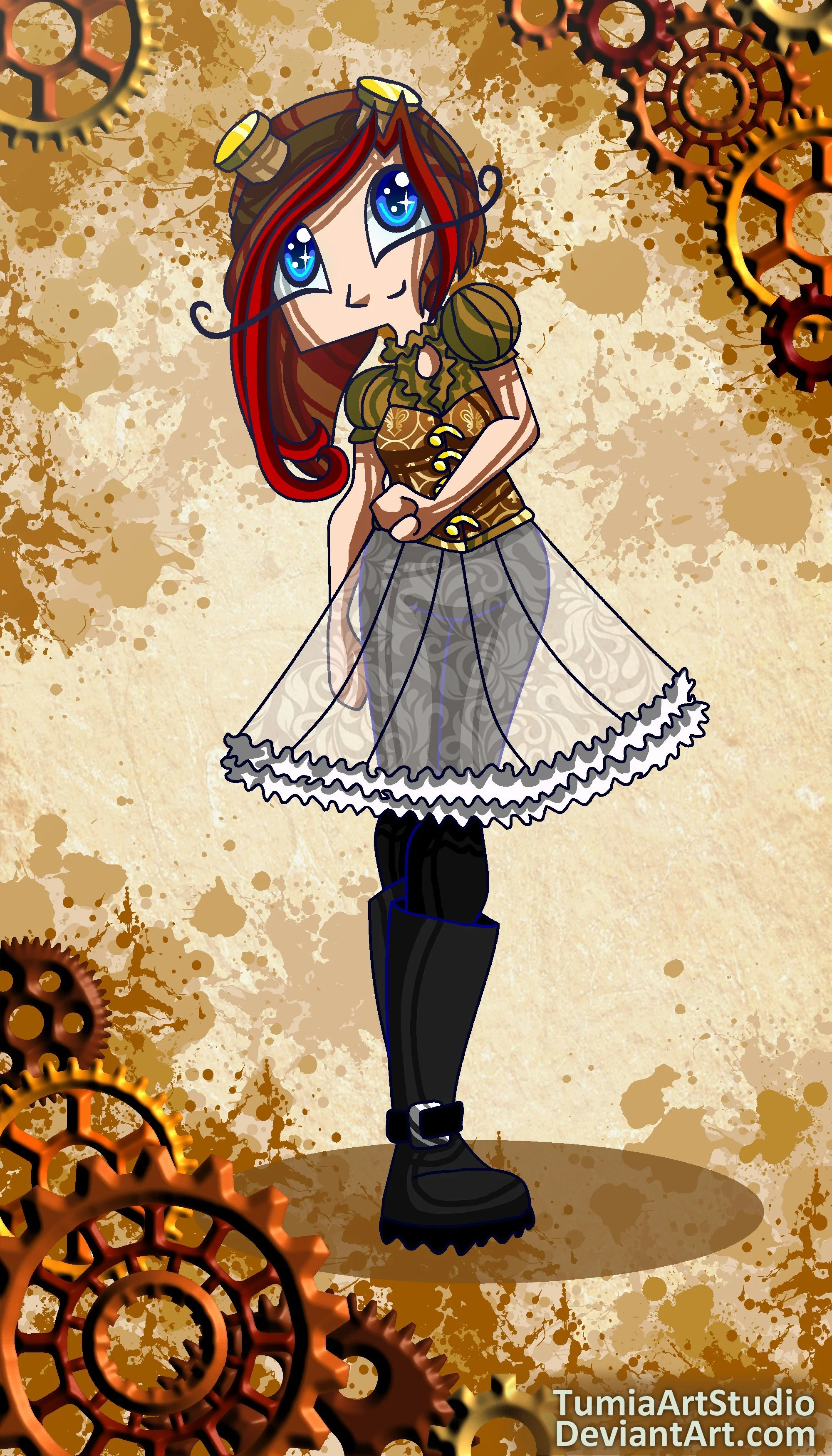 A cartoon girl with big blue eyes, long brown and red hair, wearing steampunk-inspired attire with goggles on her head, a patterned brown and gold top, a gray skirt with intricate patterns, and black boots, standing against a background of brown spla
