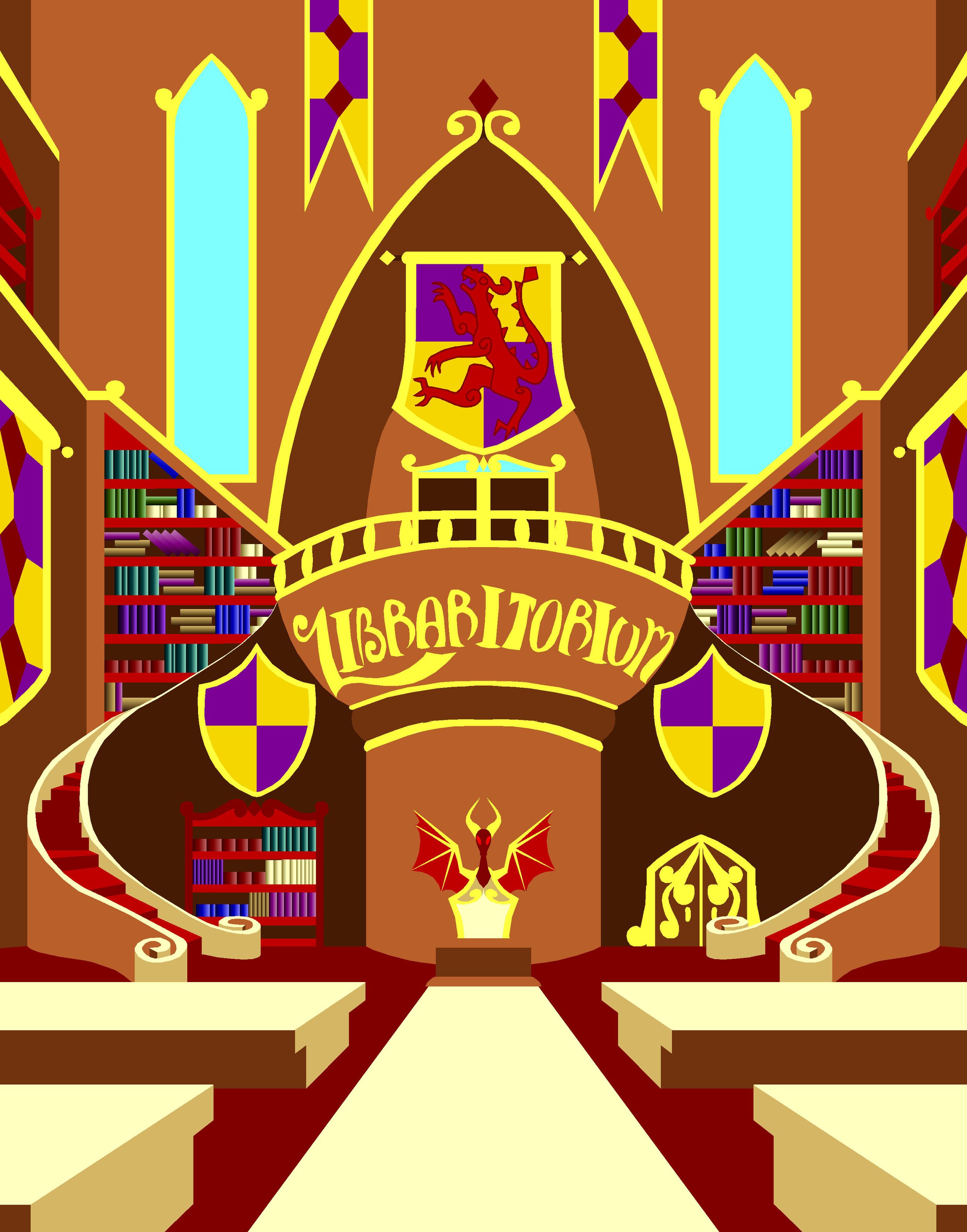 A stylized illustration of a grand library with wooden shelves filled with books, a large crest featuring a red lion, and a banner with Latin words 'LIBRARIOTRIBIUM'. The library has tall arched windows, red and purple accents, and a staircase leadin