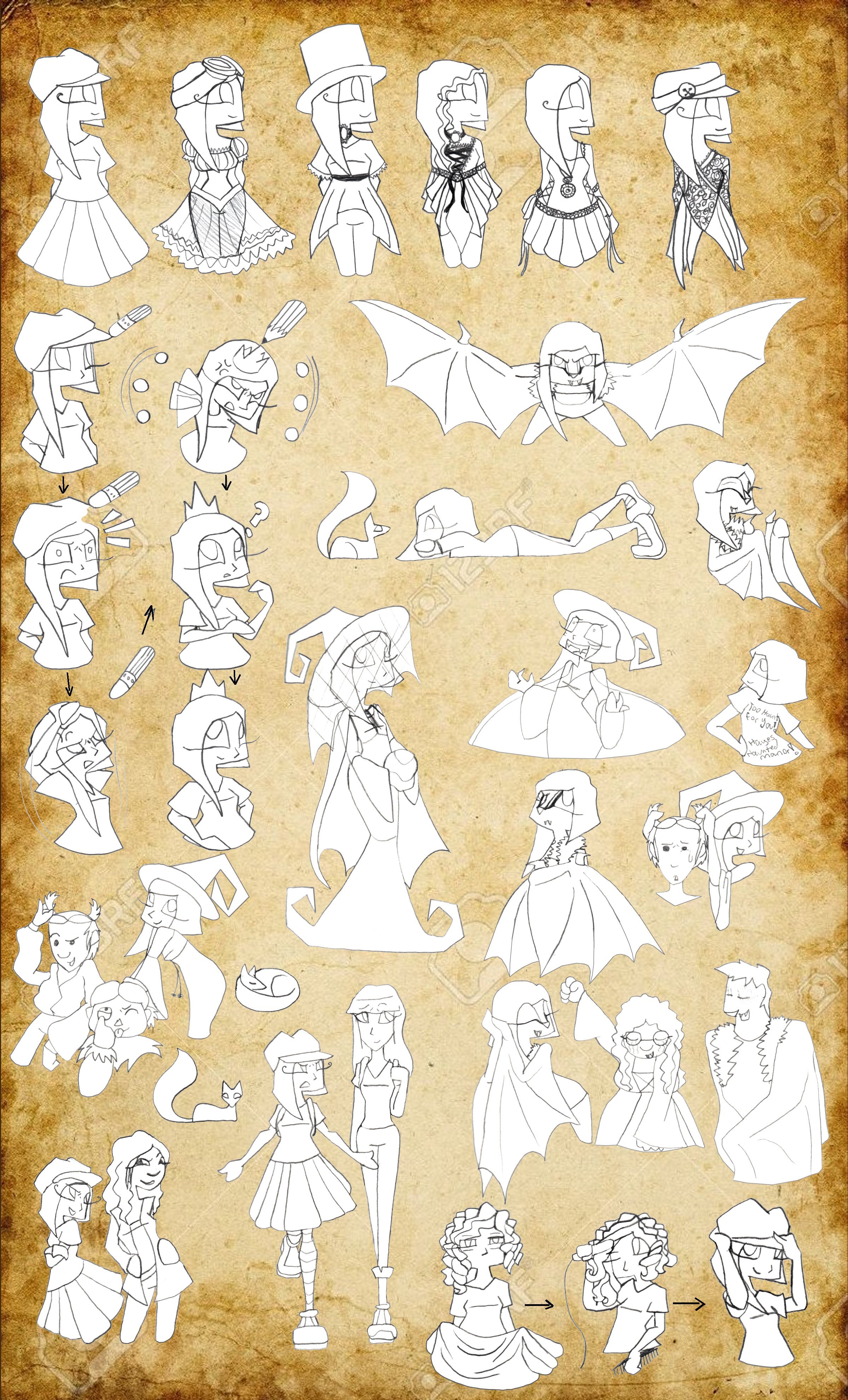 Collection of sketchy black and white drawings of various characters, including women in dresses, a winged creature, a woman in a witch hat, a cat, and other whimsical or fantasy figures, set against an old parchment background.