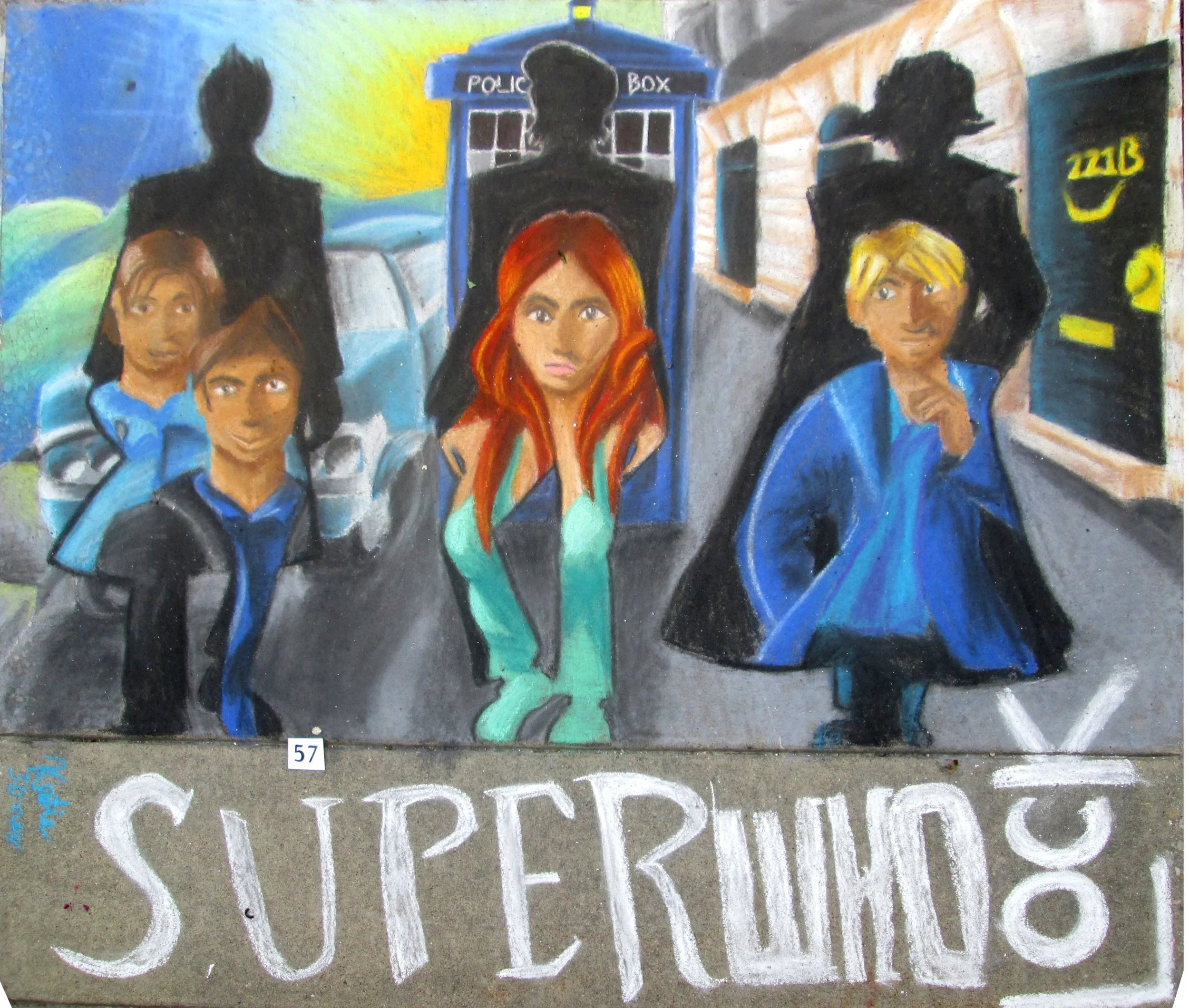 A colorful mural featuring five figures, including three males and one female, with a police box in the background. The figures are painted in a stylized manner with bold lines and vibrant colors, and there are additional painted details such as clou