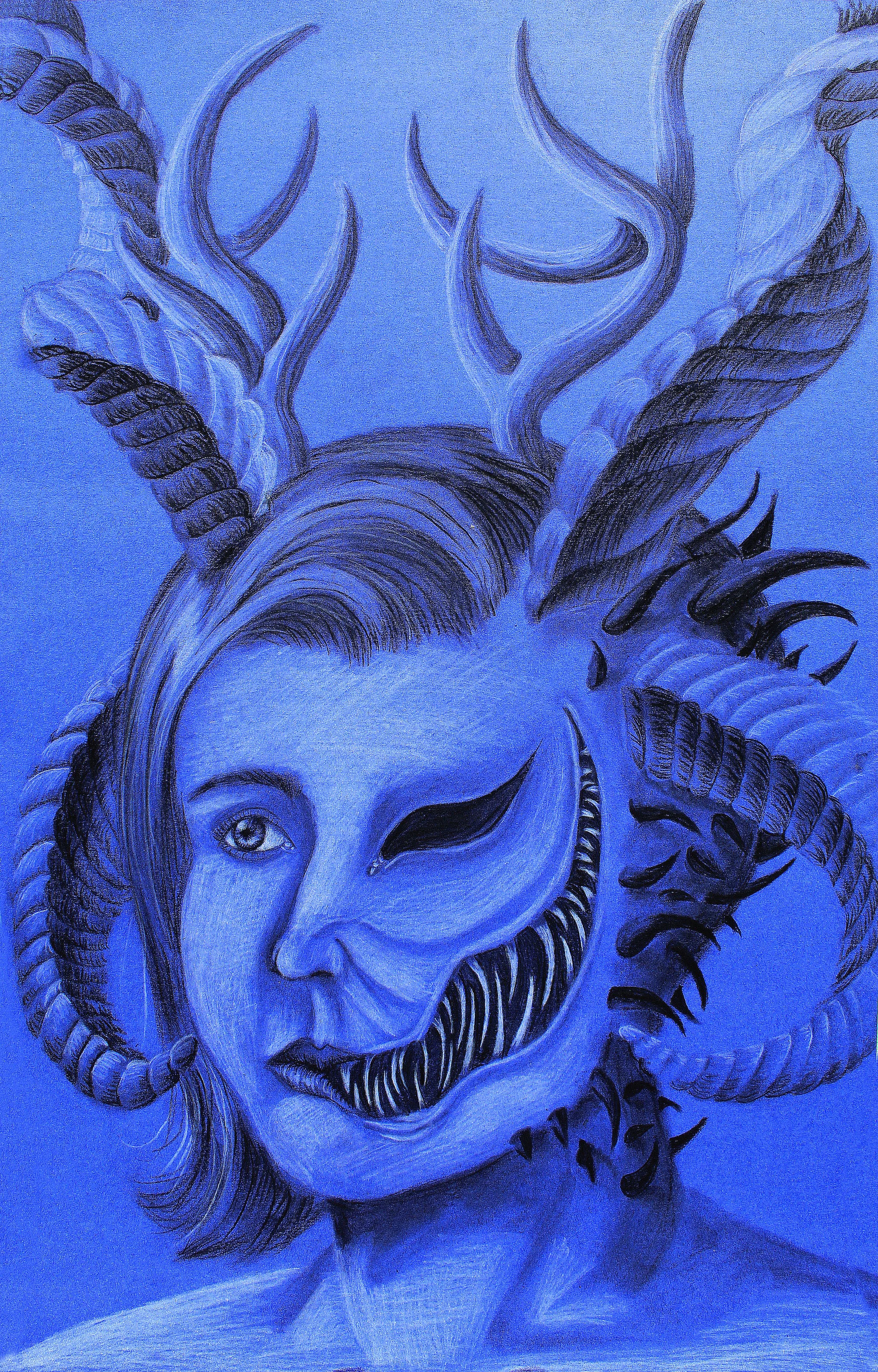 A painting of a woman with a partial clown or mime face, twisting horns and abstract shapes emerging from her head, all in shades of blue and black.