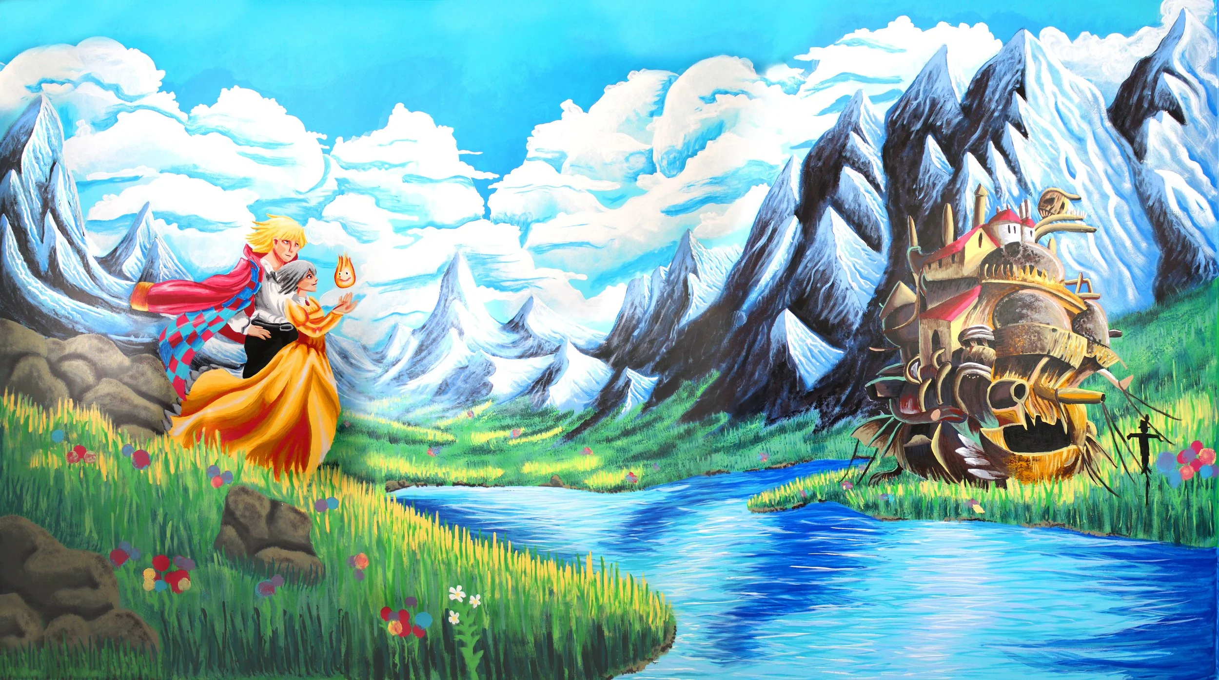 A colorful painting of a scene from the fairy tale Rapunzel shows a blond woman with long hair in a bright orange dress sitting beside a young man with gray hair. They are in a lush green valley with a river, mountains in the background, and a large,
