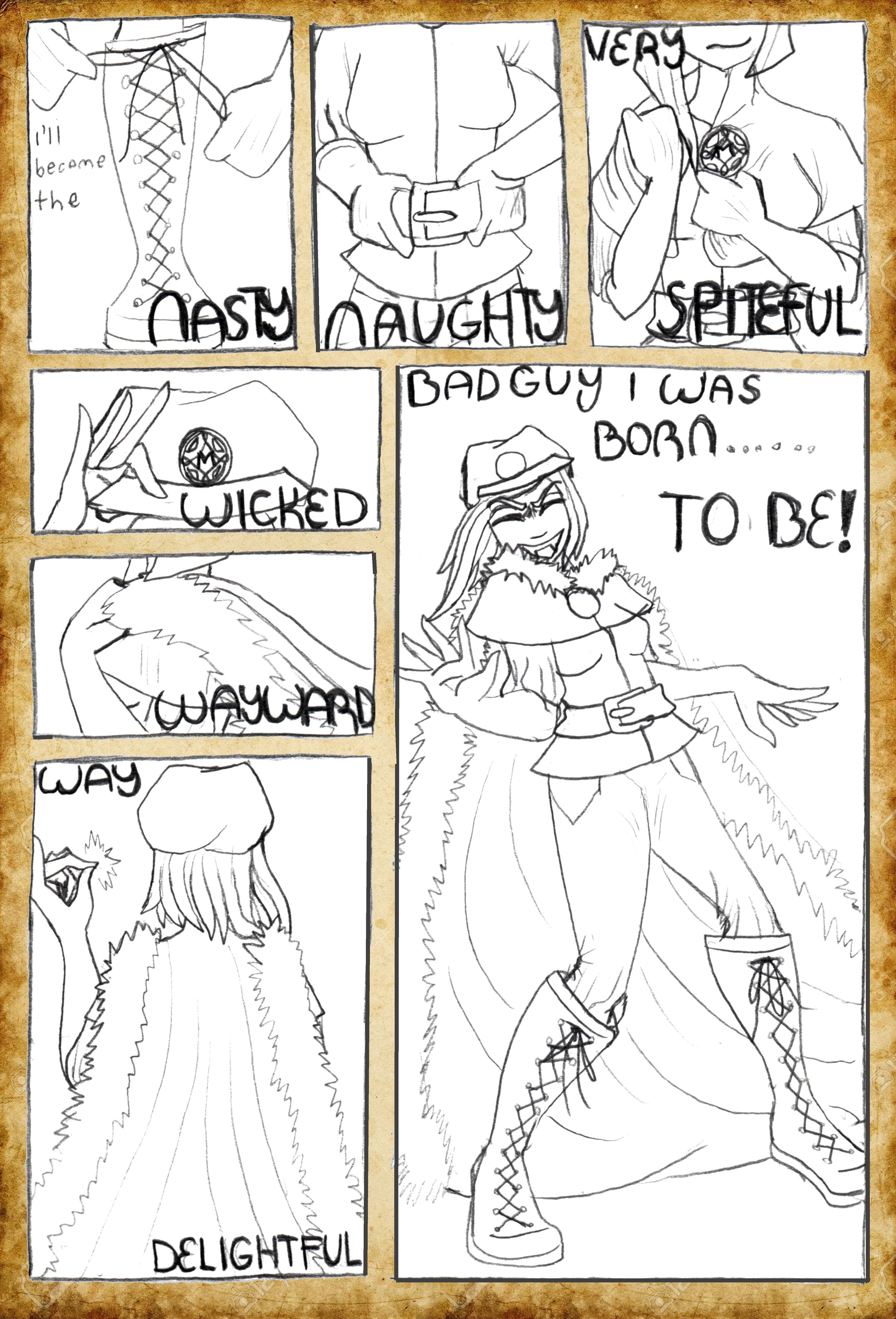 Hand-drawn comic panels featuring a female character in various costumes, with captions describing her personality traits such as "naughty," "spiteful," "wicked," and "delightful." The largest panel shows her in a confident, superhero-like pose with 