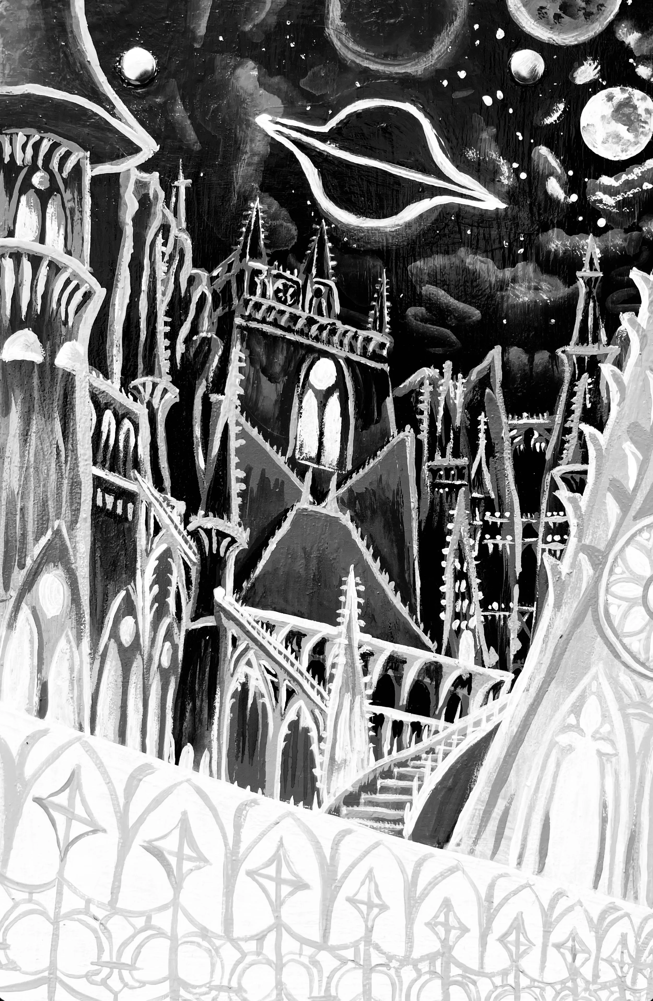 Black and white fantasy landscape featuring icy mountains, castles, a bridge, and celestial bodies like moons and planets.