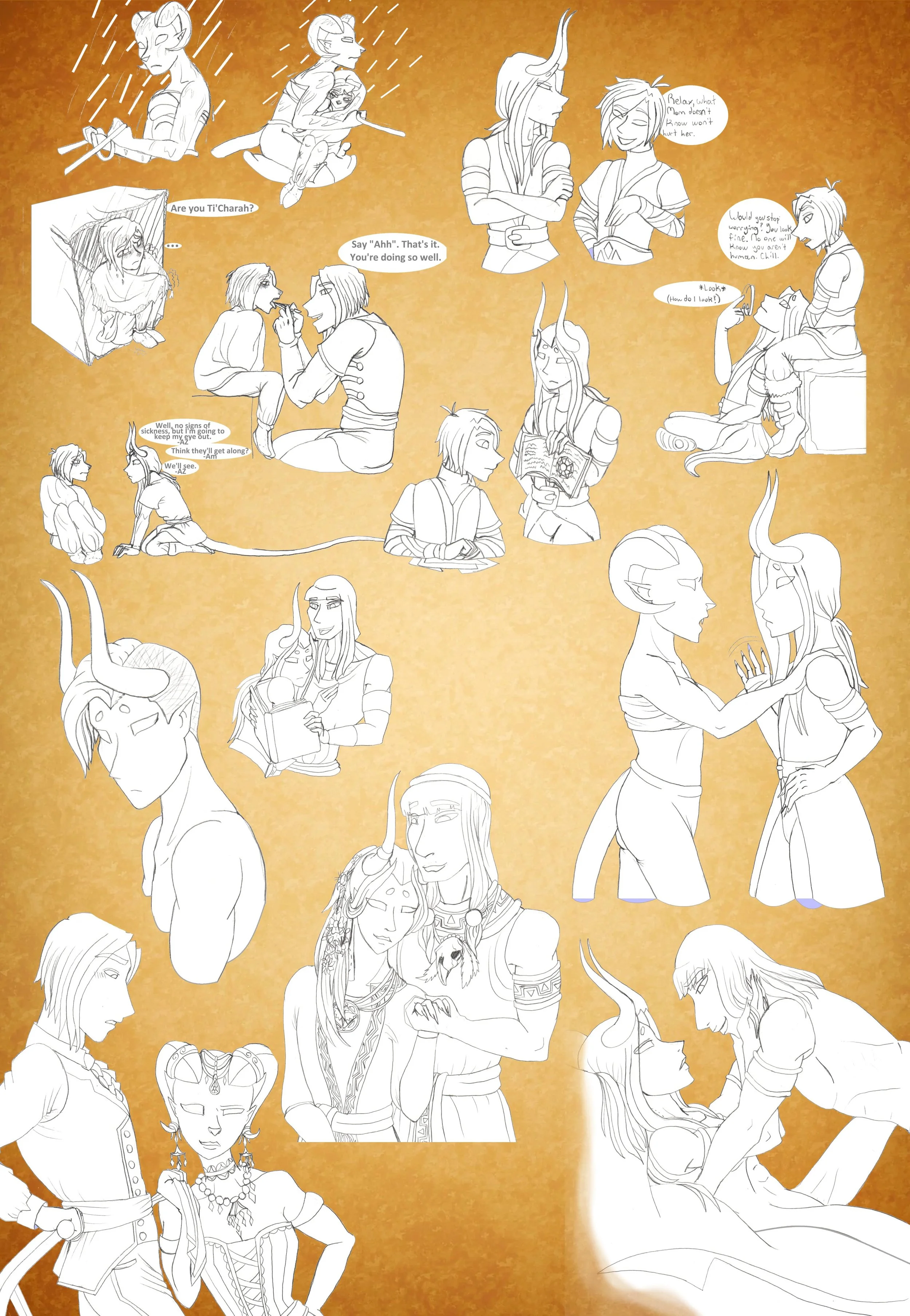 A collection of black and white sketches of fantasy characters with diverse appearances and attire, some engaging in conversations or actions, set against a warm, textured orange background.