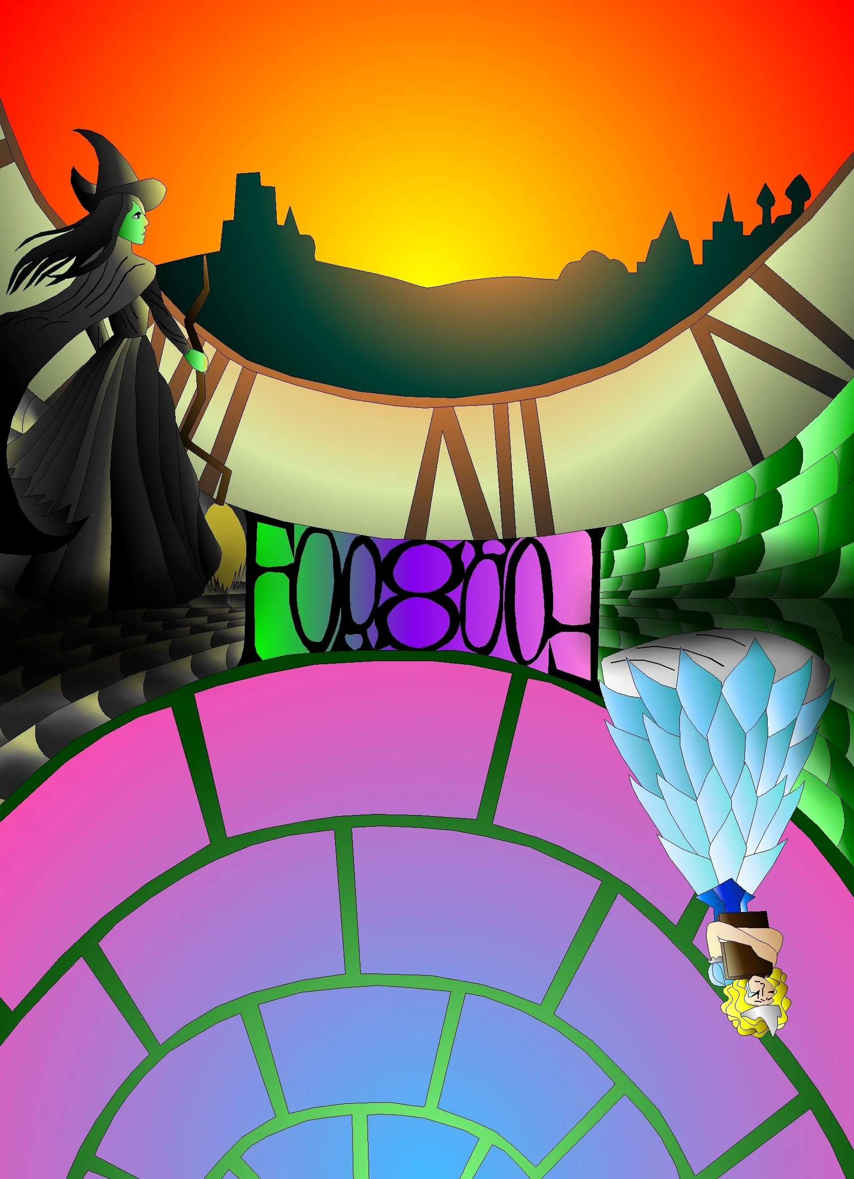 A colorful stained glass window with a silhouette of a city skyline at sunset in the background, a witch on the left, and a person with a blue and white feathered fan or decoration on the right.