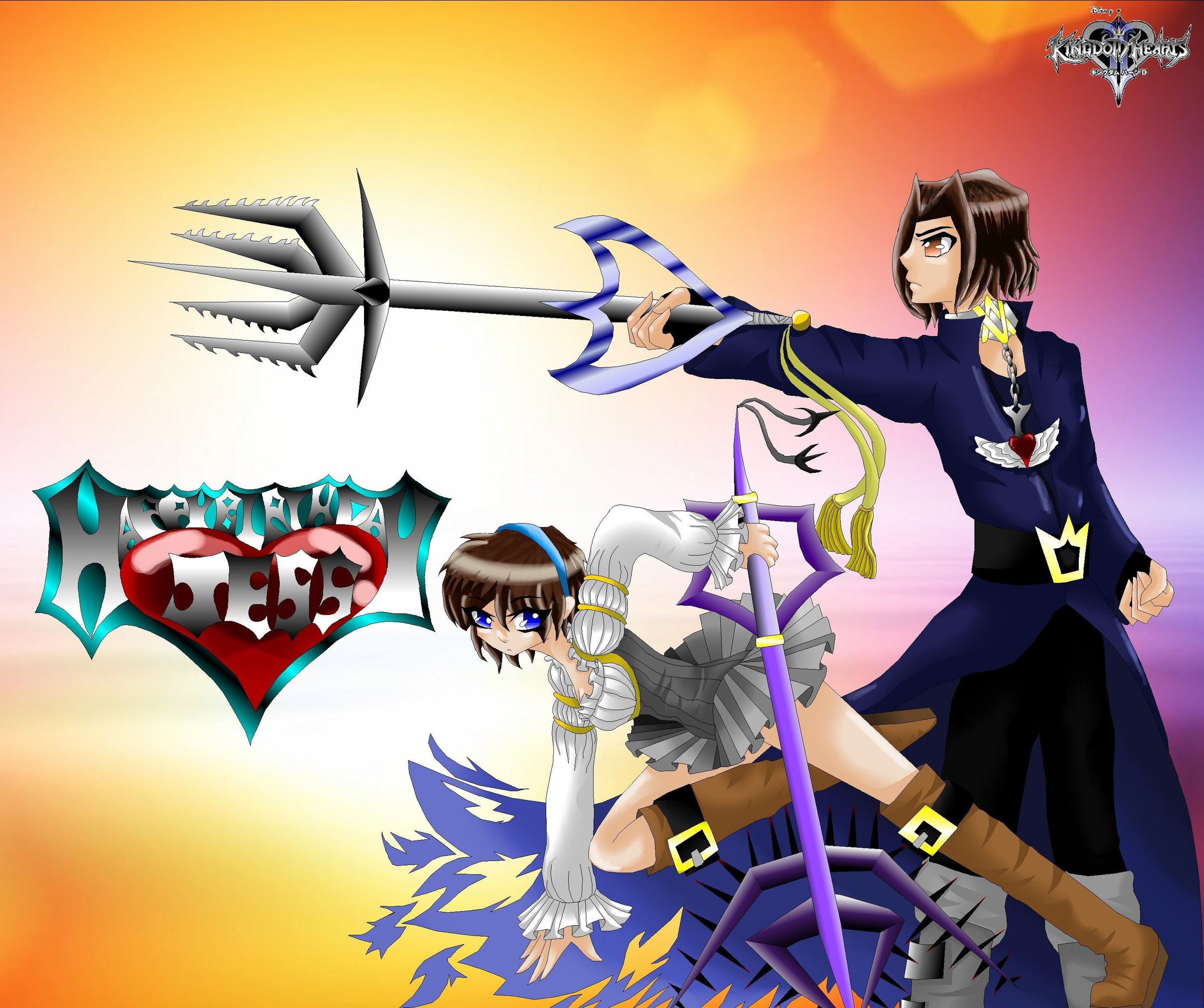Anime-style illustration of a character from Kingdom Hearts with brown hair, dressed in a dark uniform, holding a spear, and accompanied by a white rabbit character. A black and red heart symbol is in the lower left corner, with a background of a col