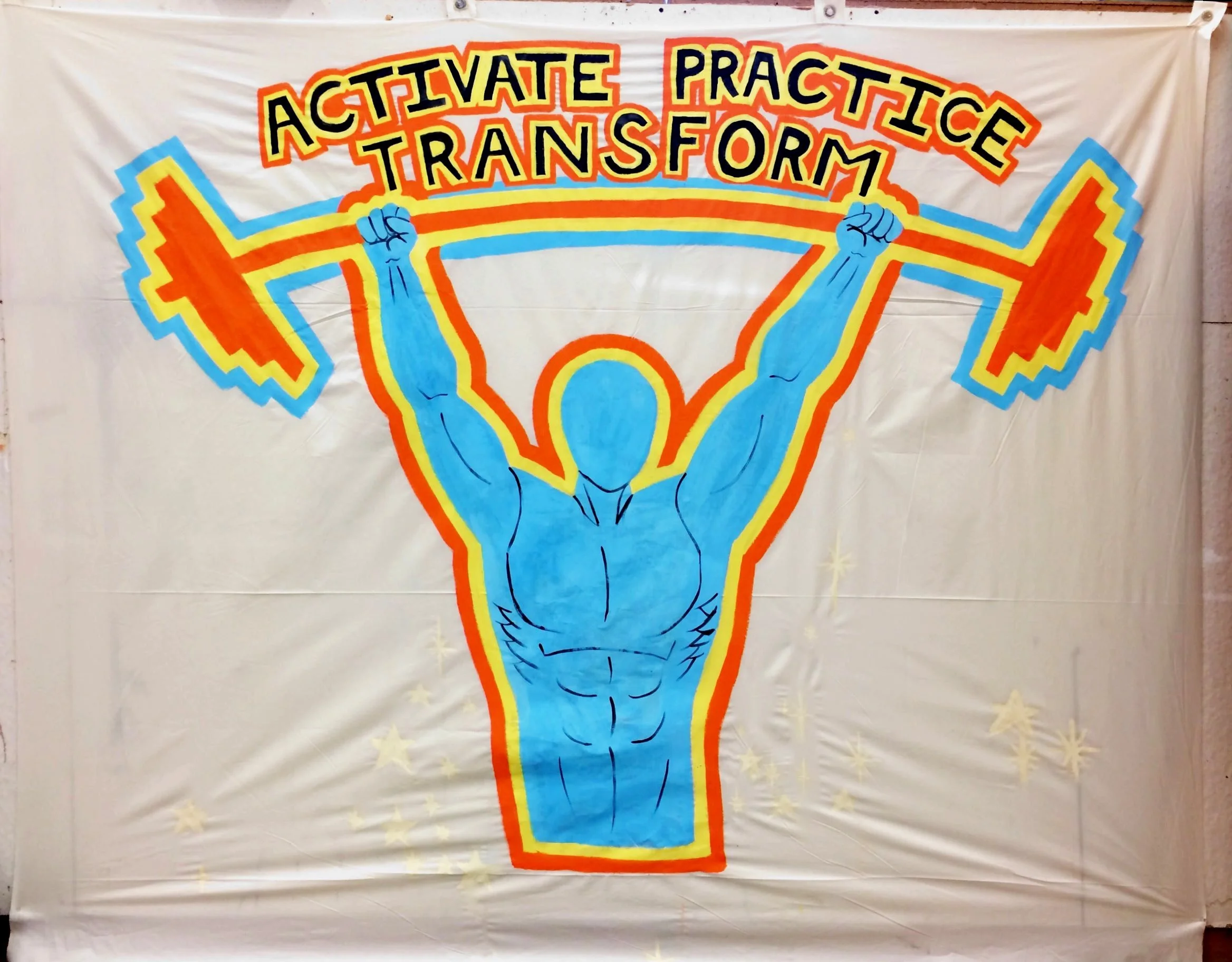 Colorful mural of a muscular arm lifting a barbell with the message 'Activate Practice Transform' above it, surrounded by yellow stars.