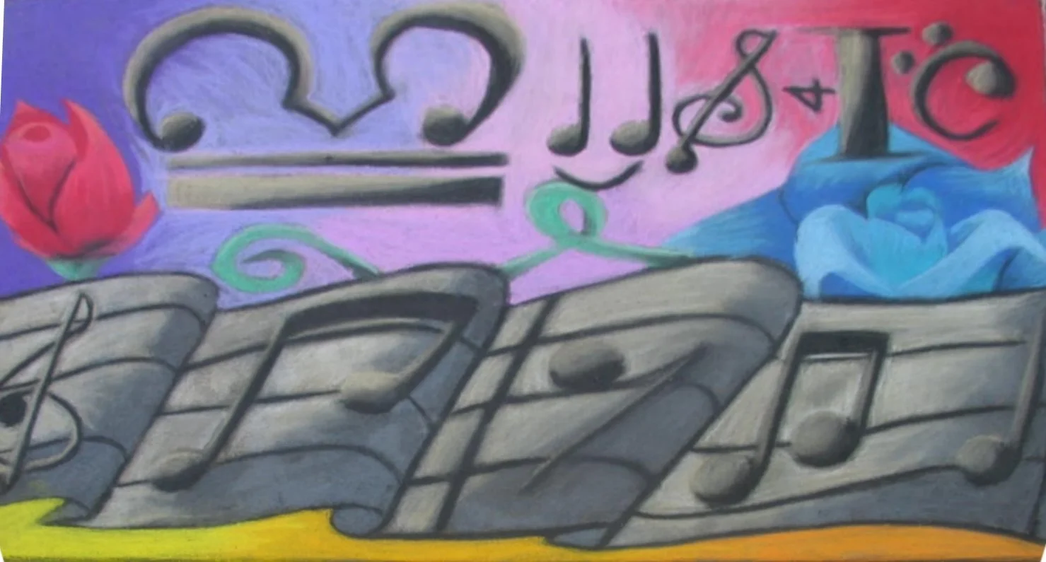 Colorful abstract art featuring musical notes, a pink rose, a blue rose, and various hearts outlined against a vibrant background.