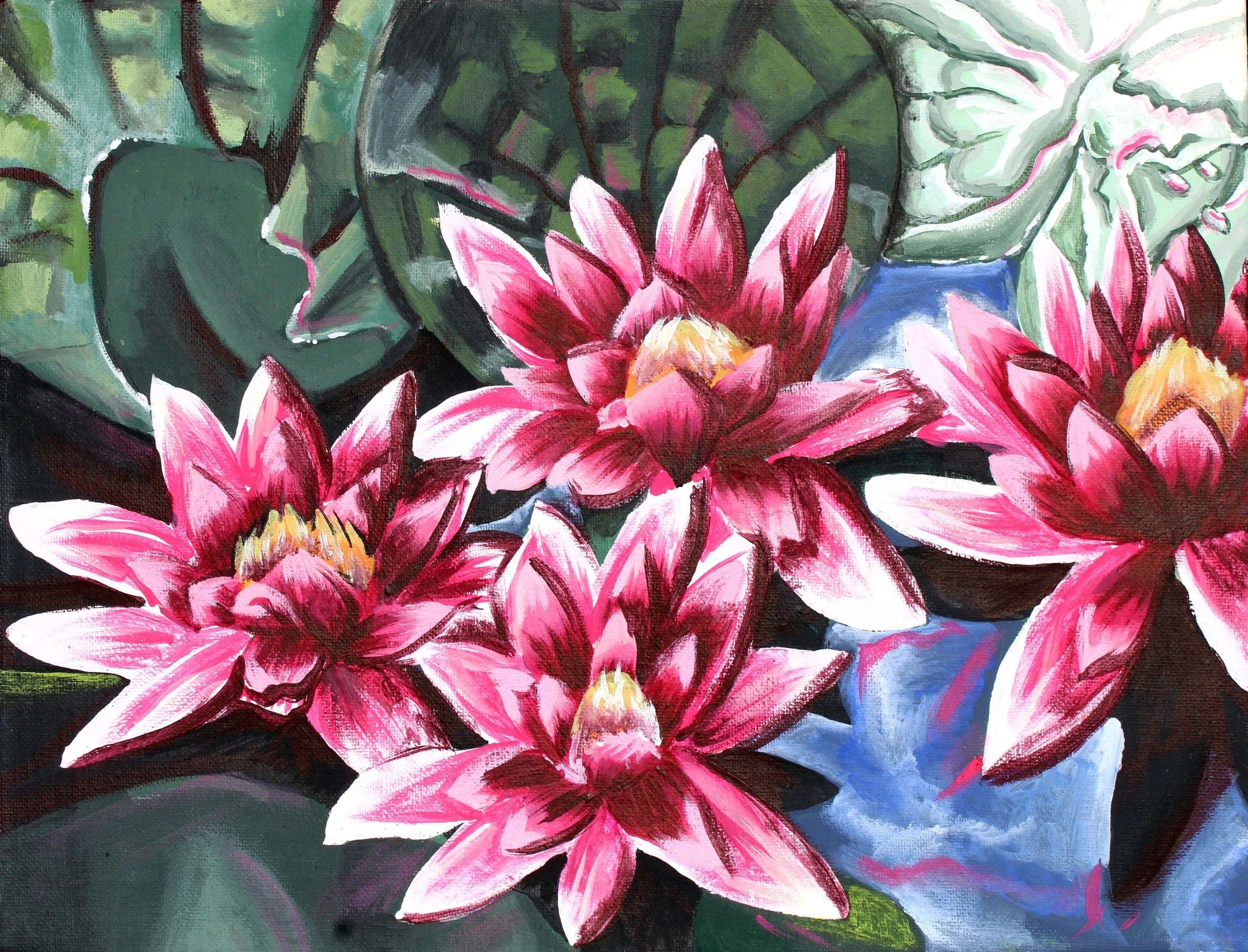 A vibrant painting of pink lilies with green leaves and dark background.