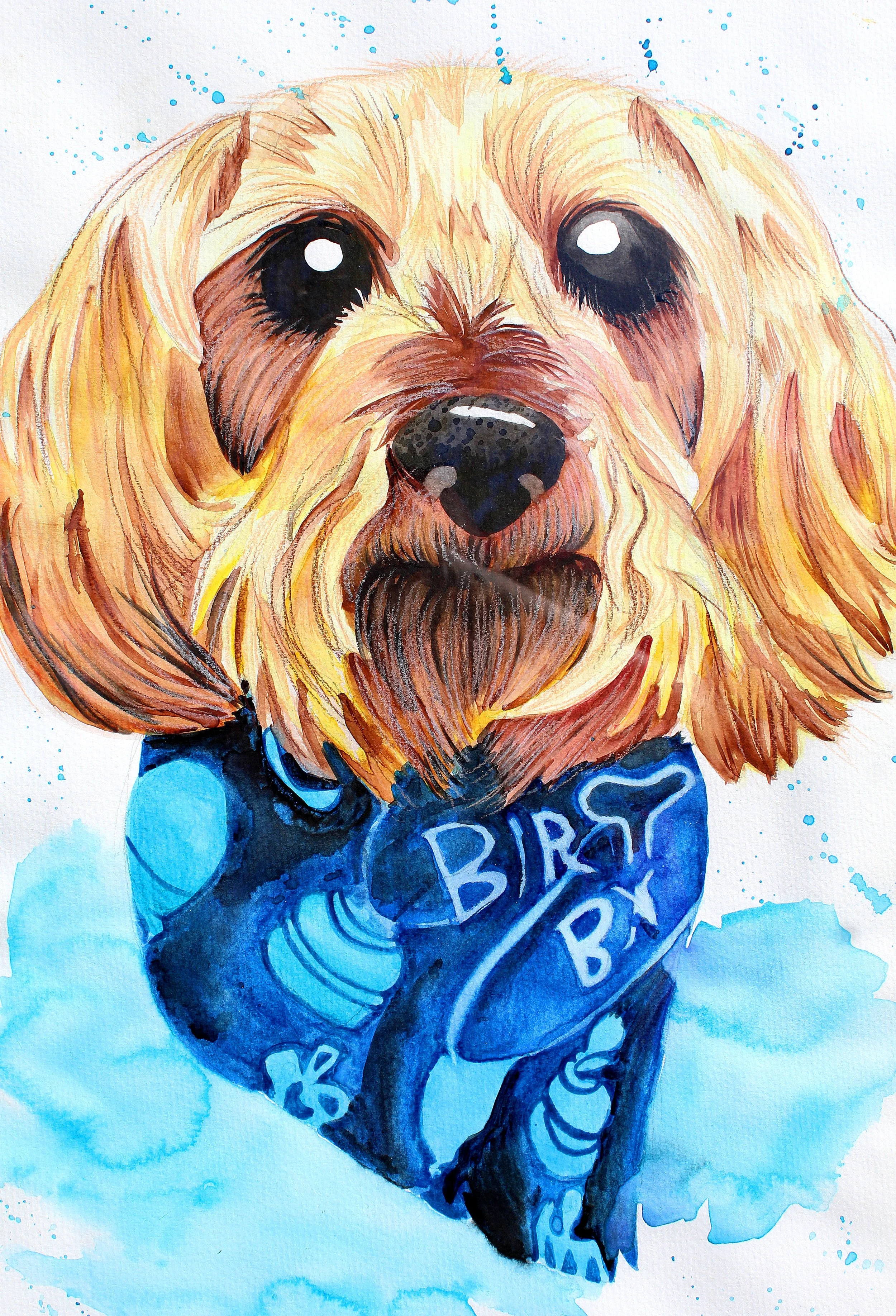 Watercolor painting of a dog wearing a blue bandana with white text, with large expressive eyes and ears, and splashes of blue paint around the image.