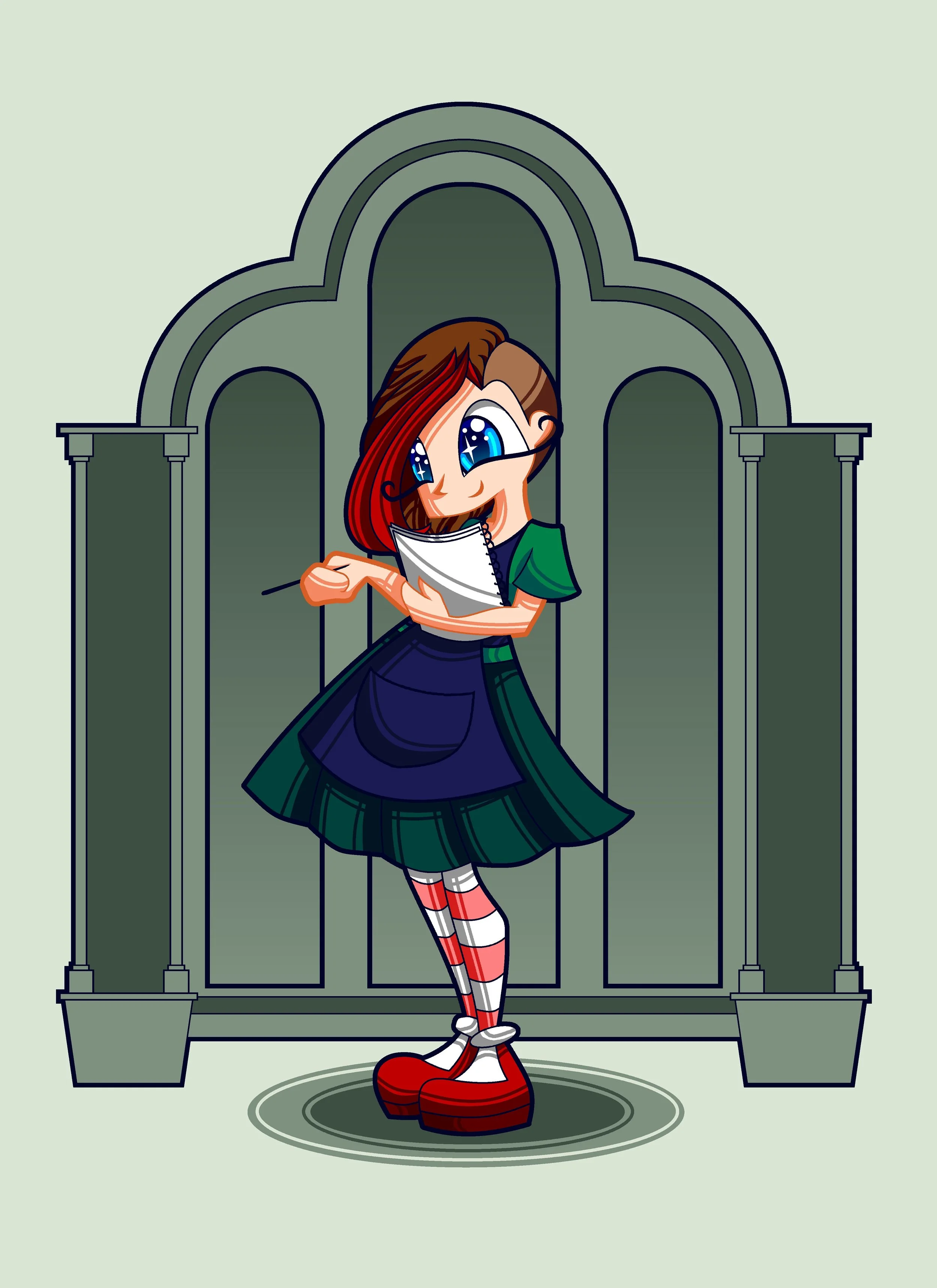 A cartoon girl with big blue eyes, brown and red hair, wearing a green plaid skirt, striped red and white tights, red platform shoes, and a dark green jacket, standing in front of a large gray gate with decorative columns.