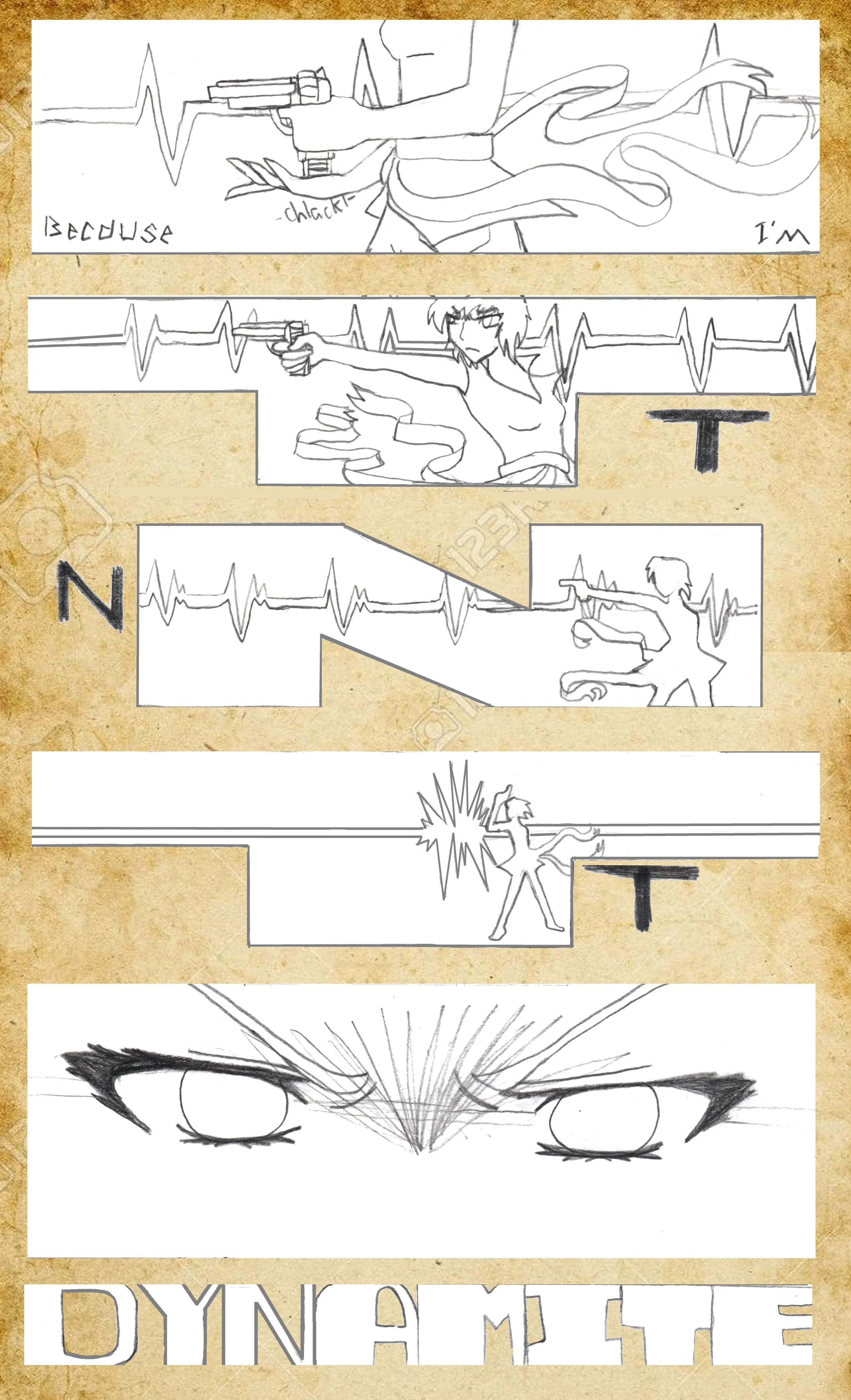 A comic-style drawing of a person with short hair and a determined expression, holding a gun with snakes wrapped around their arm and shoulders. The background features a heartbeat line pattern, and the words 'Because I'm' and 'T' are partially visib