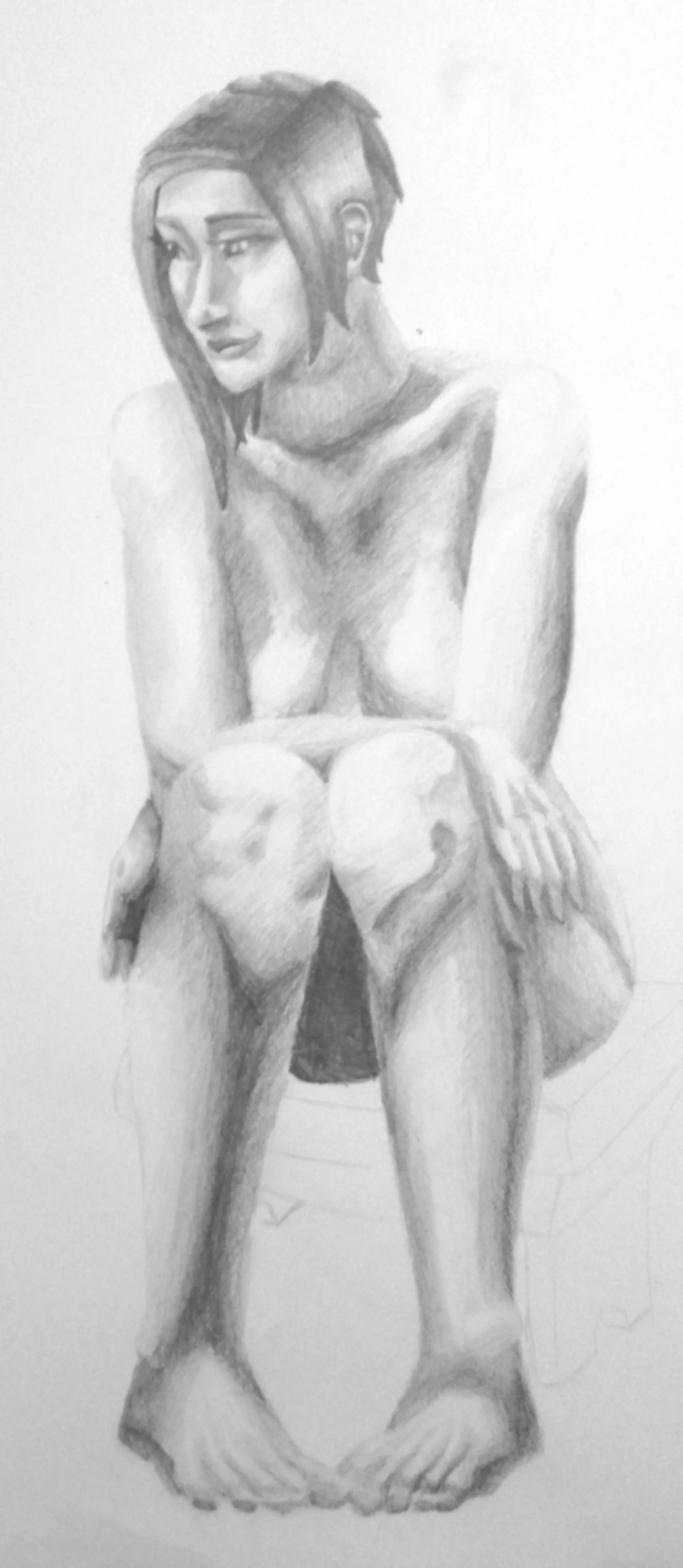 Sketch of a woman with shoulder-length hair, sitting with knees drawn up and arms resting on her legs, rendered in grayscale.