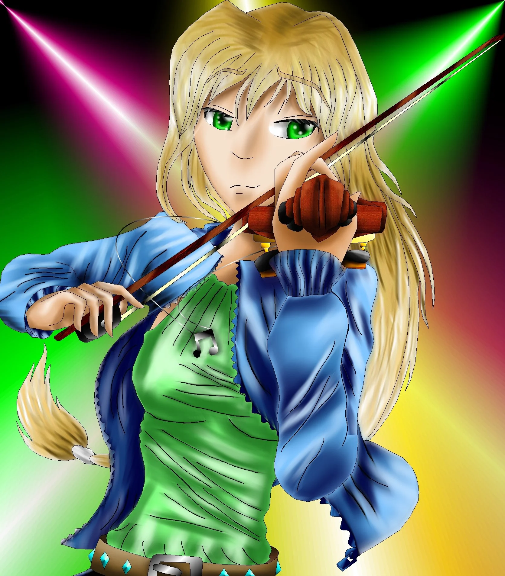 Anime-style woman with long blonde hair, green eyes, wearing a blue jacket, green shirt, brown belt with blue diamonds, holding a bow, set against a colorful background with neon lights.