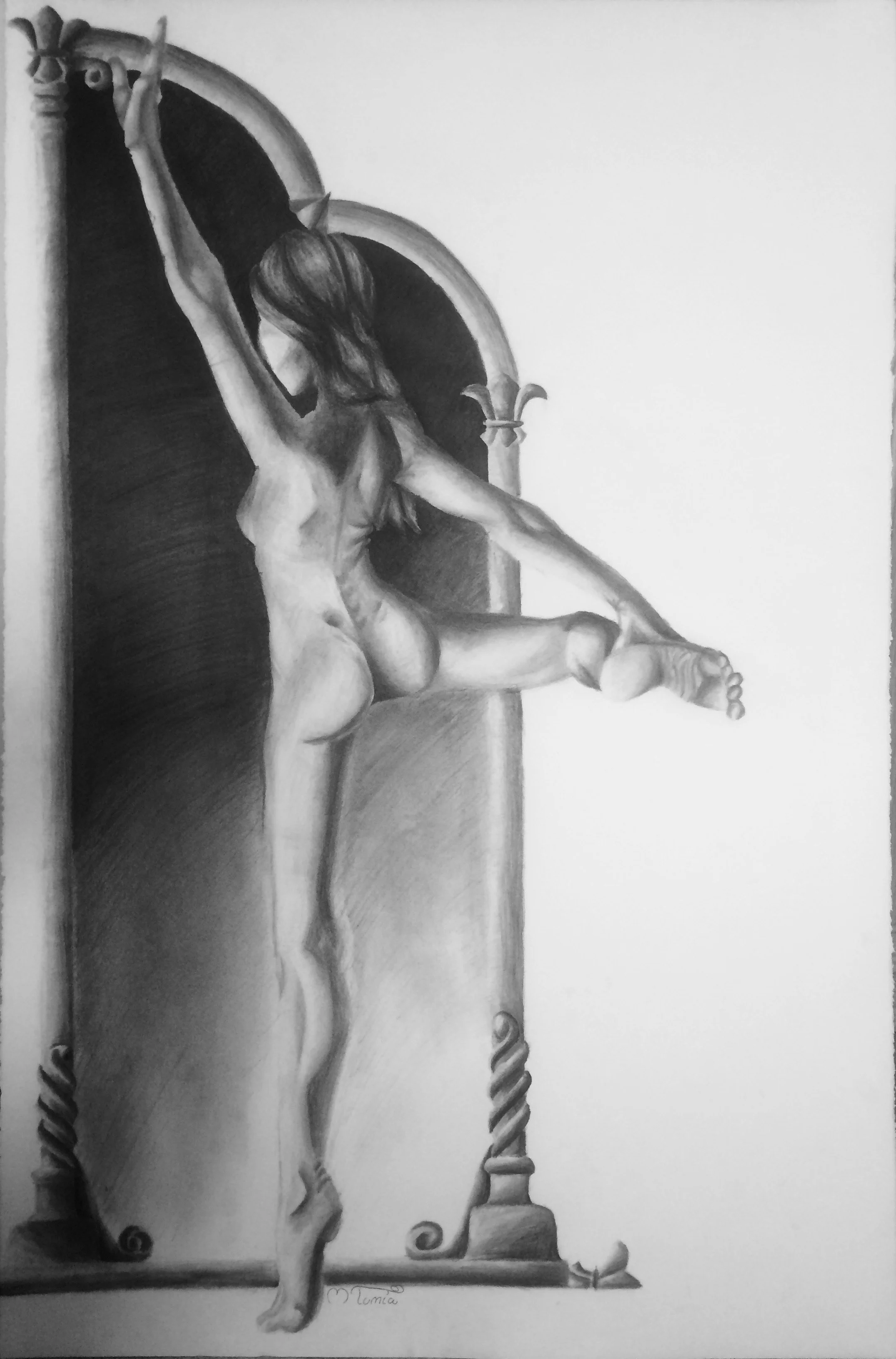 A charcoal drawing of a woman sitting on an ornately carved, vintage-style chair with decorative details and curled legs, viewed from the back.